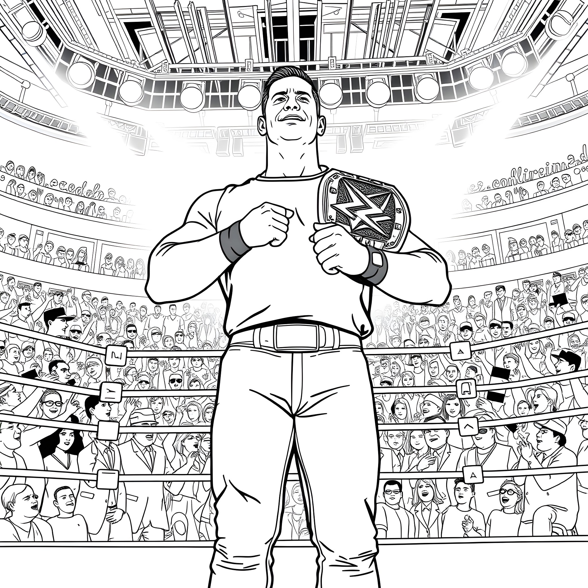 John Cena Celebrating Victory in a Wrestling Match Coloring Page (free black-and-white line drawing printable PDF for all, from beginners to advanced learners, including children, teens, adults, and seniors)