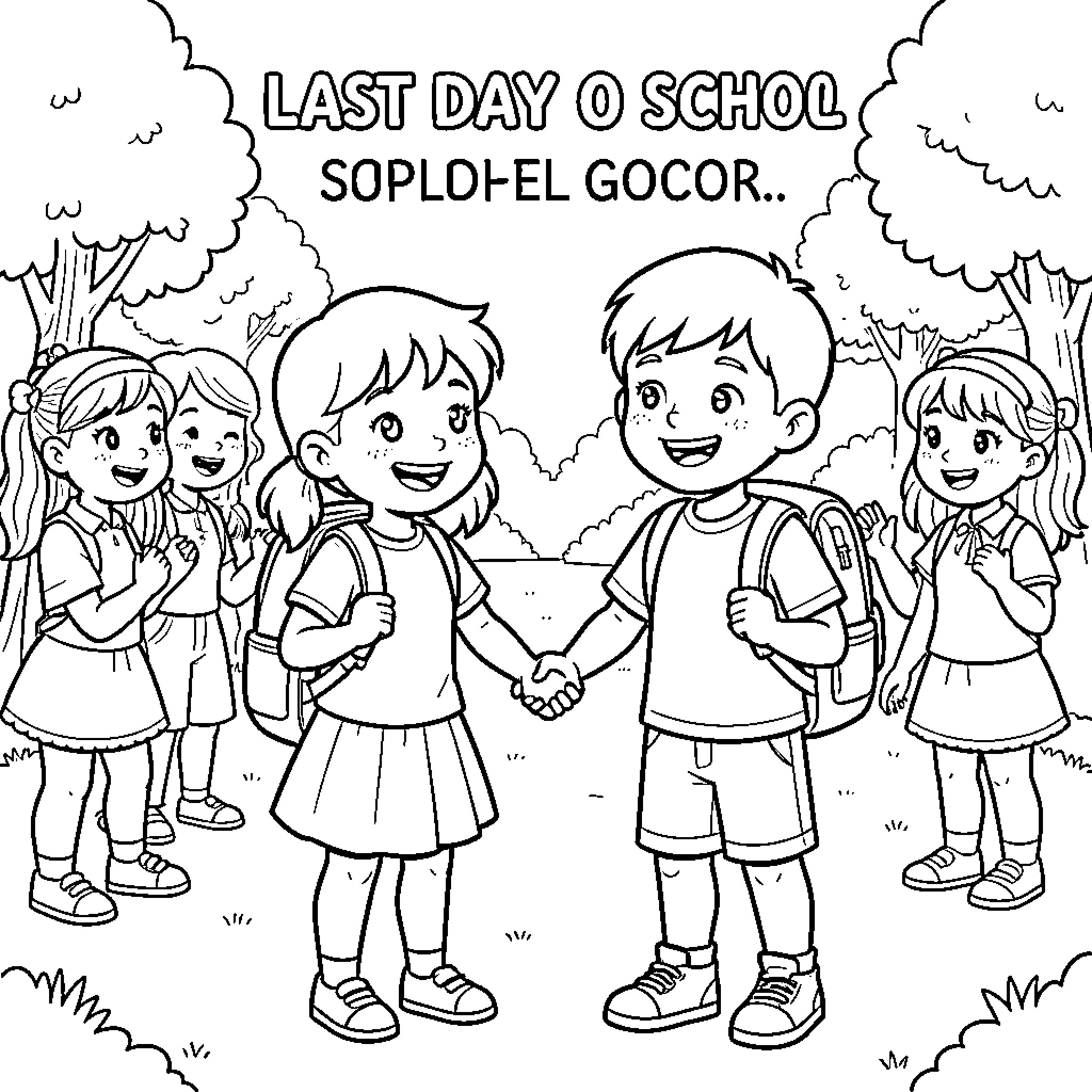 Child holding hands with friends on last school day Coloring Page (free black-and-white line drawing printable PDF for all, from beginners to advanced learners, including children, teens, adults, and seniors)