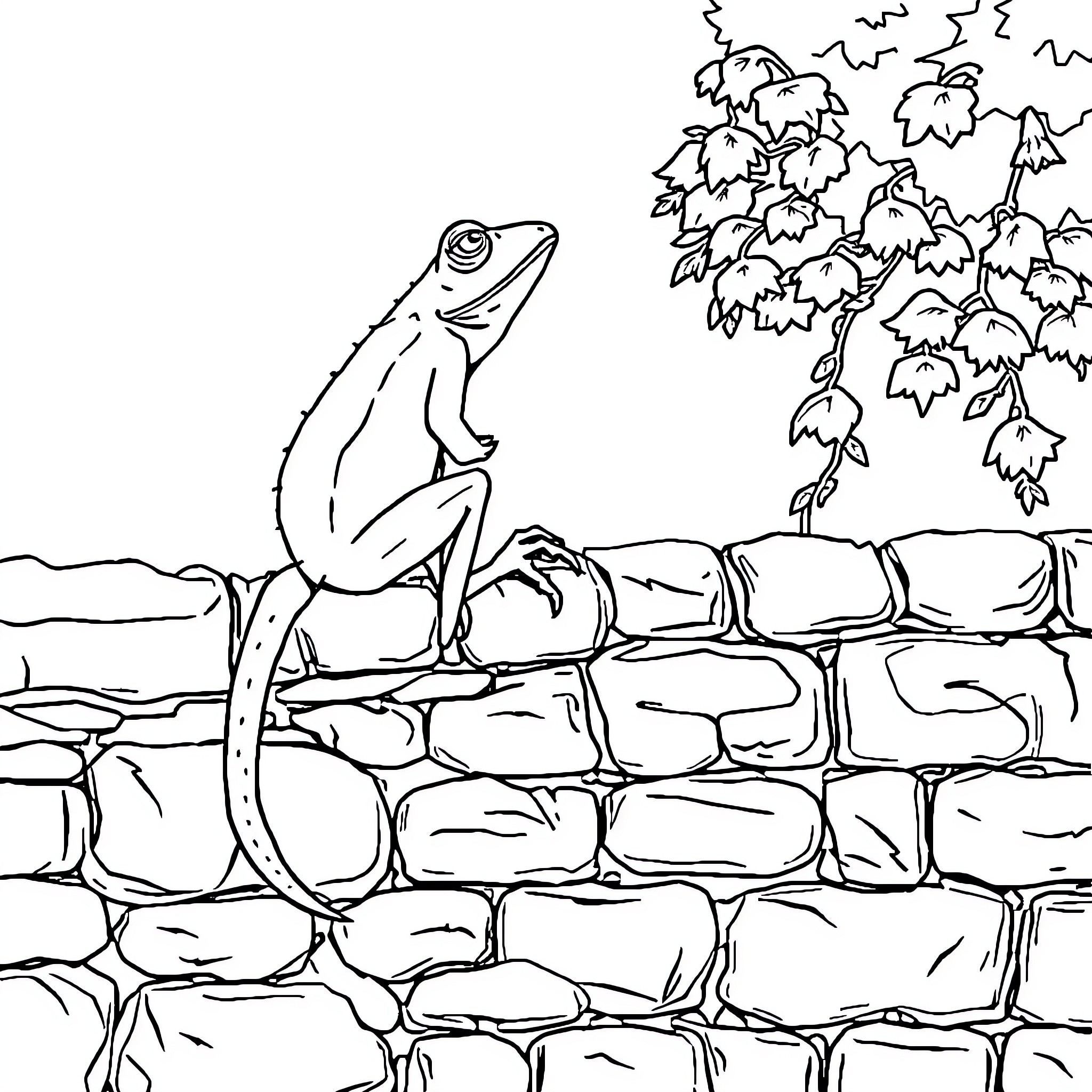 Stone Wall Frog Resting Atop Brick Structure Coloring Page (free black-and-white line drawing printable PDF for all, from beginners to advanced learners, including children, teens, adults, and seniors)