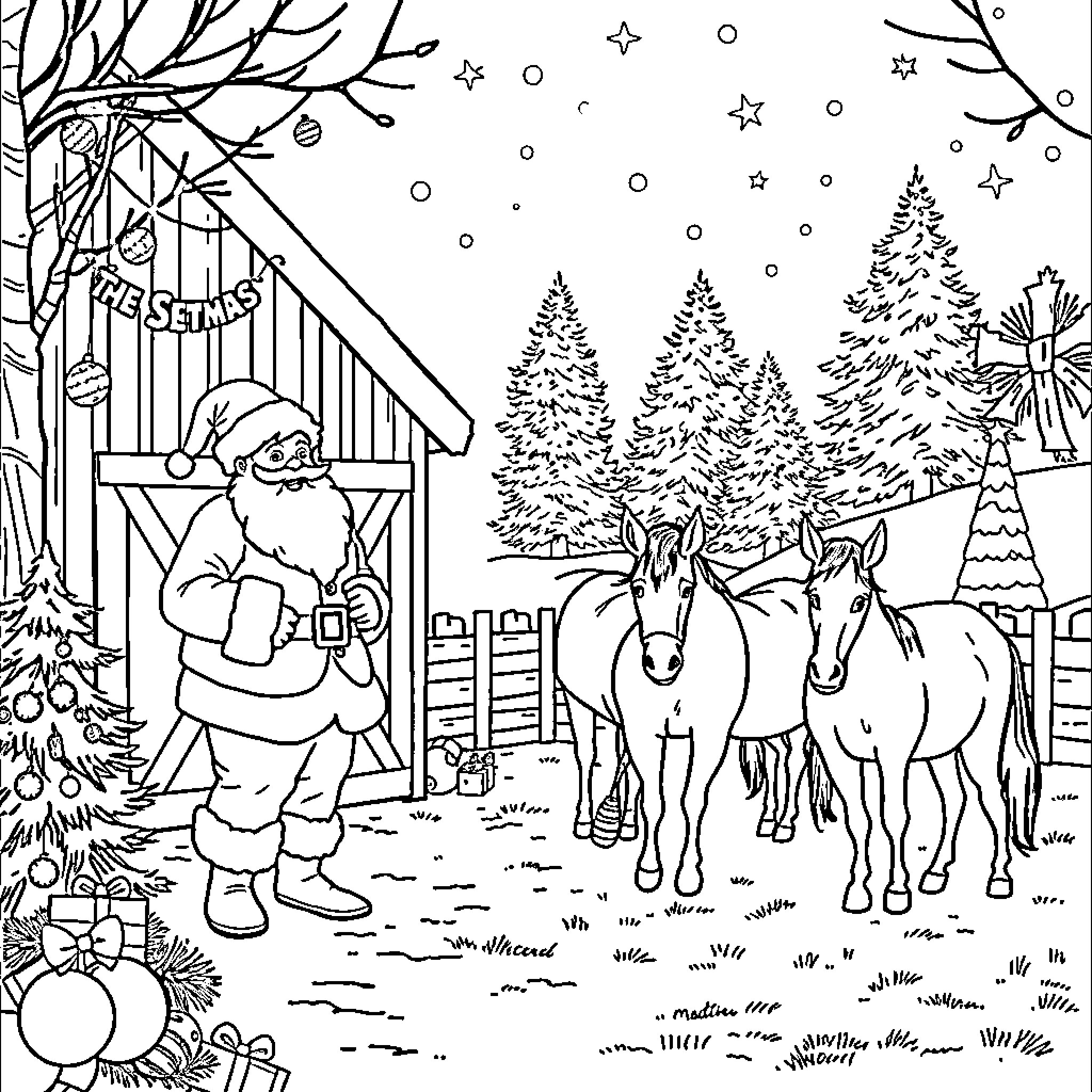 Santa visiting horses in snowy winter scene Coloring Page (free black-and-white line drawing printable PDF for all, from beginners to advanced learners, including children, teens, adults, and seniors)