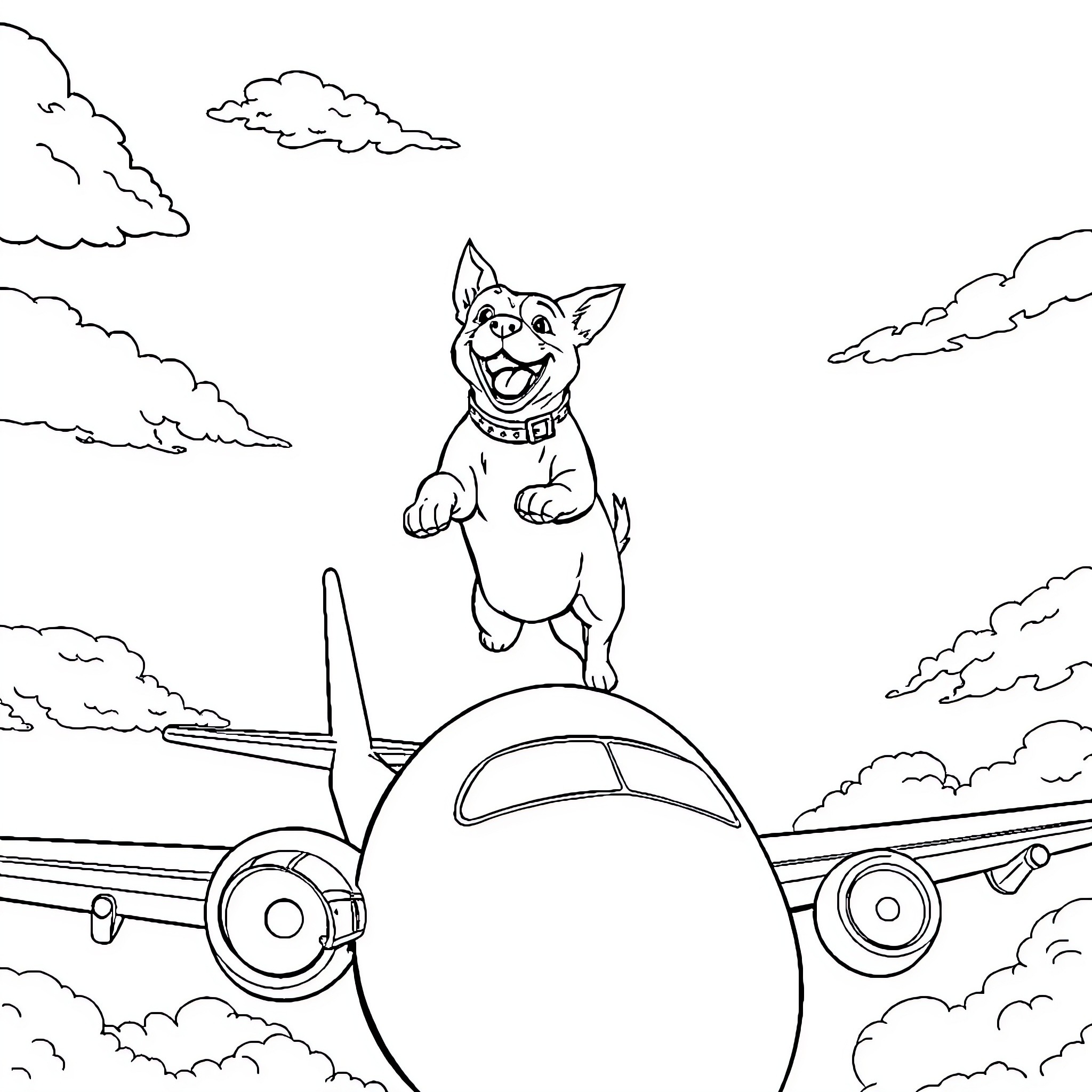 Dog Riding on a Plane in the Sky Coloring Page (free black-and-white line drawing printable PDF for all, from beginners to advanced learners, including children, teens, adults, and seniors)
