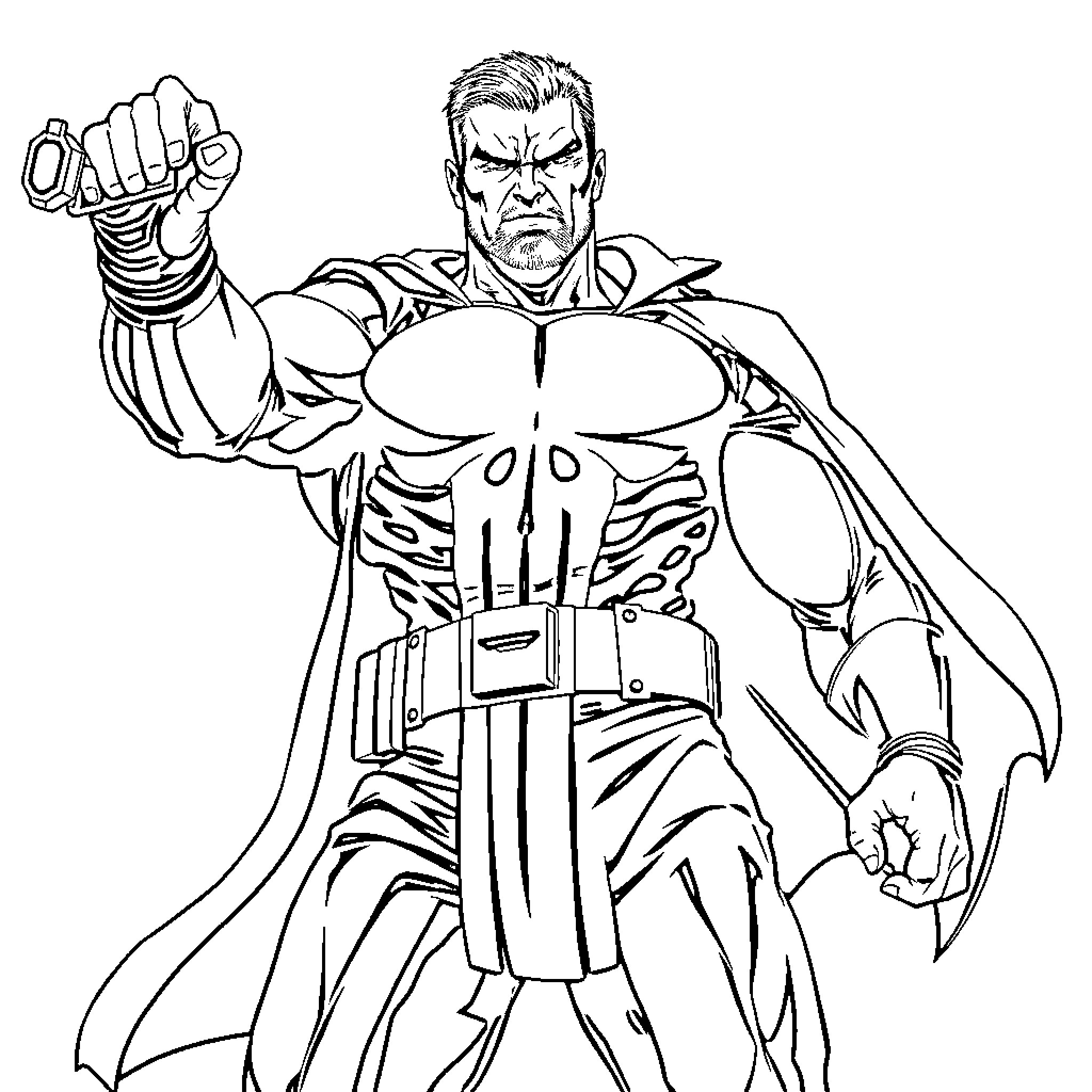 Punisher Unleashing Fury in Iconic Superhero Outfit Coloring Page (free black-and-white line drawing printable PDF for all, from beginners to advanced learners, including children, teens, adults, and seniors)