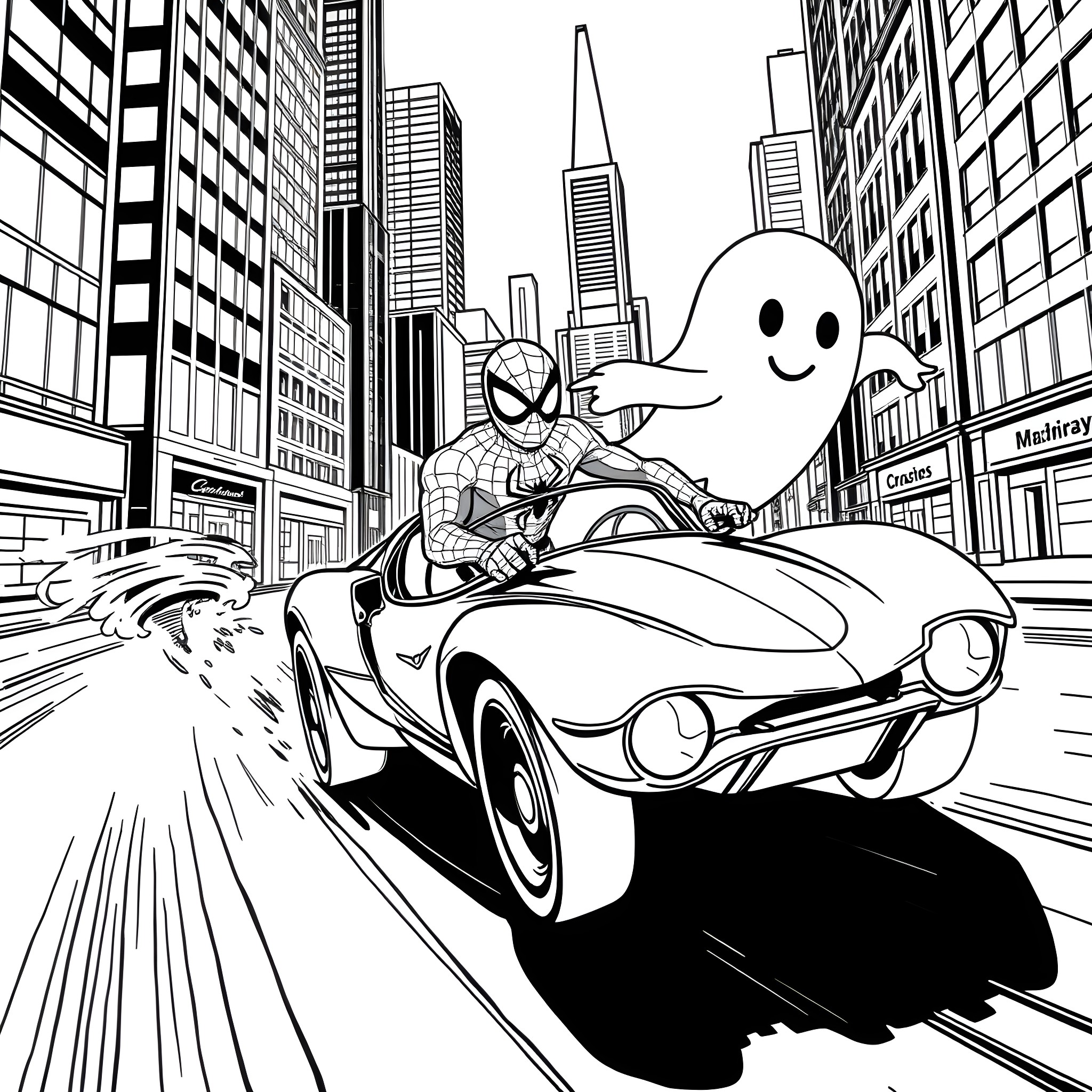 Spidey's Speedy City Cruise Coloring Page (free black-and-white line drawing printable PDF for all, from beginners to advanced learners, including children, teens, adults, and seniors)