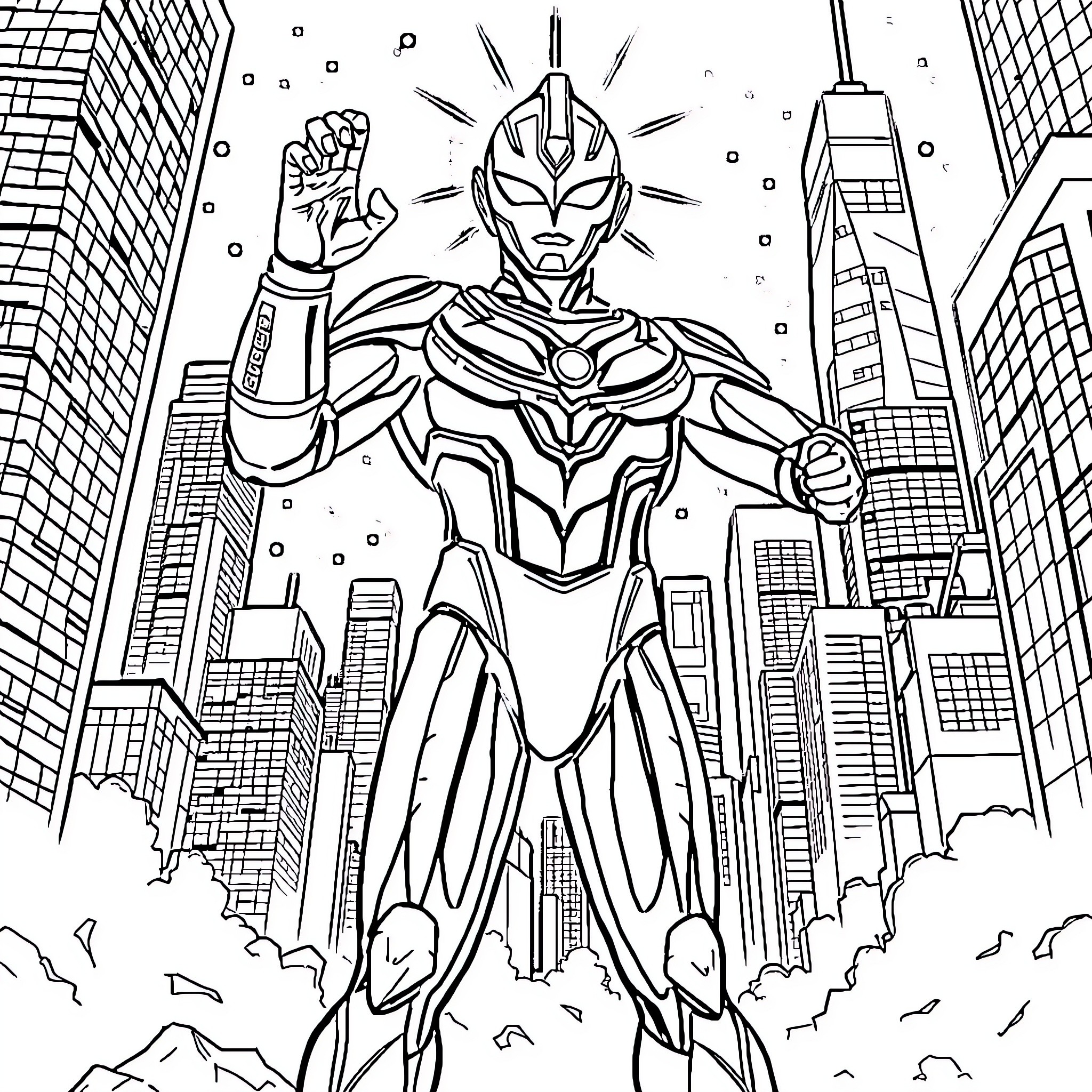 Ultraman battling in the city skyline Coloring Page (free black-and-white line drawing printable PDF for all, from beginners to advanced learners, including children, teens, adults, and seniors)