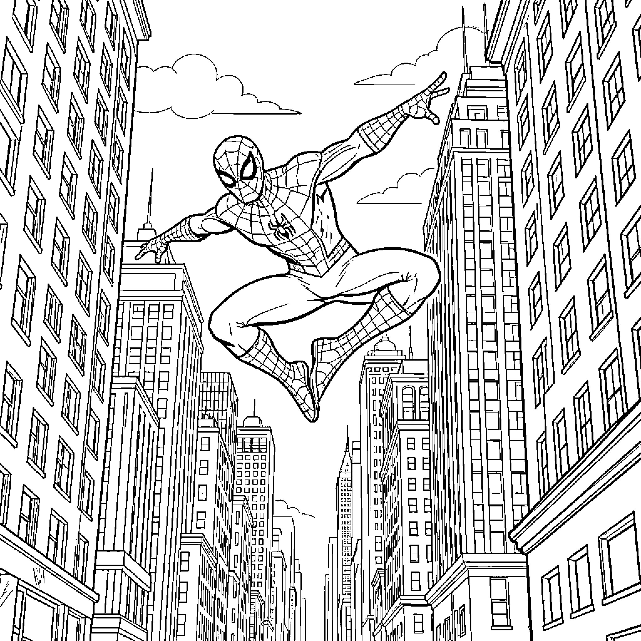 Spiderman swinging through a dense urban cityscape Coloring Page (free black-and-white line drawing printable PDF for all, from beginners to advanced learners, including children, teens, adults, and seniors)
