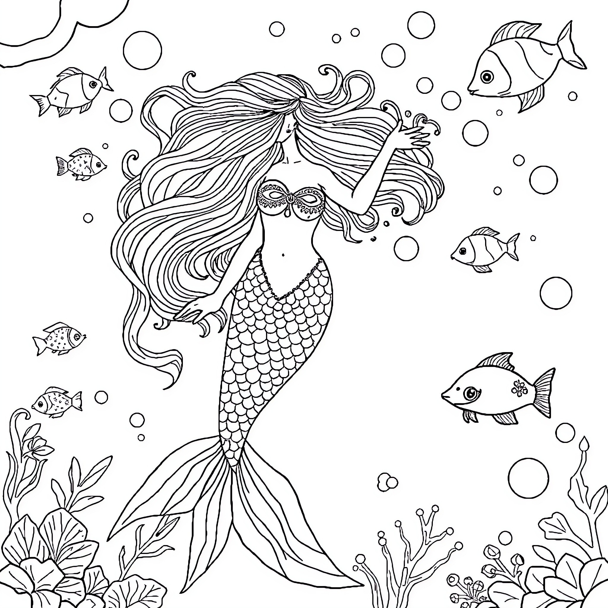 Mermaid swimming among colorful sea creatures Coloring Page (free black-and-white line drawing printable PDF for all, from beginners to advanced learners, including children, teens, adults, and seniors)