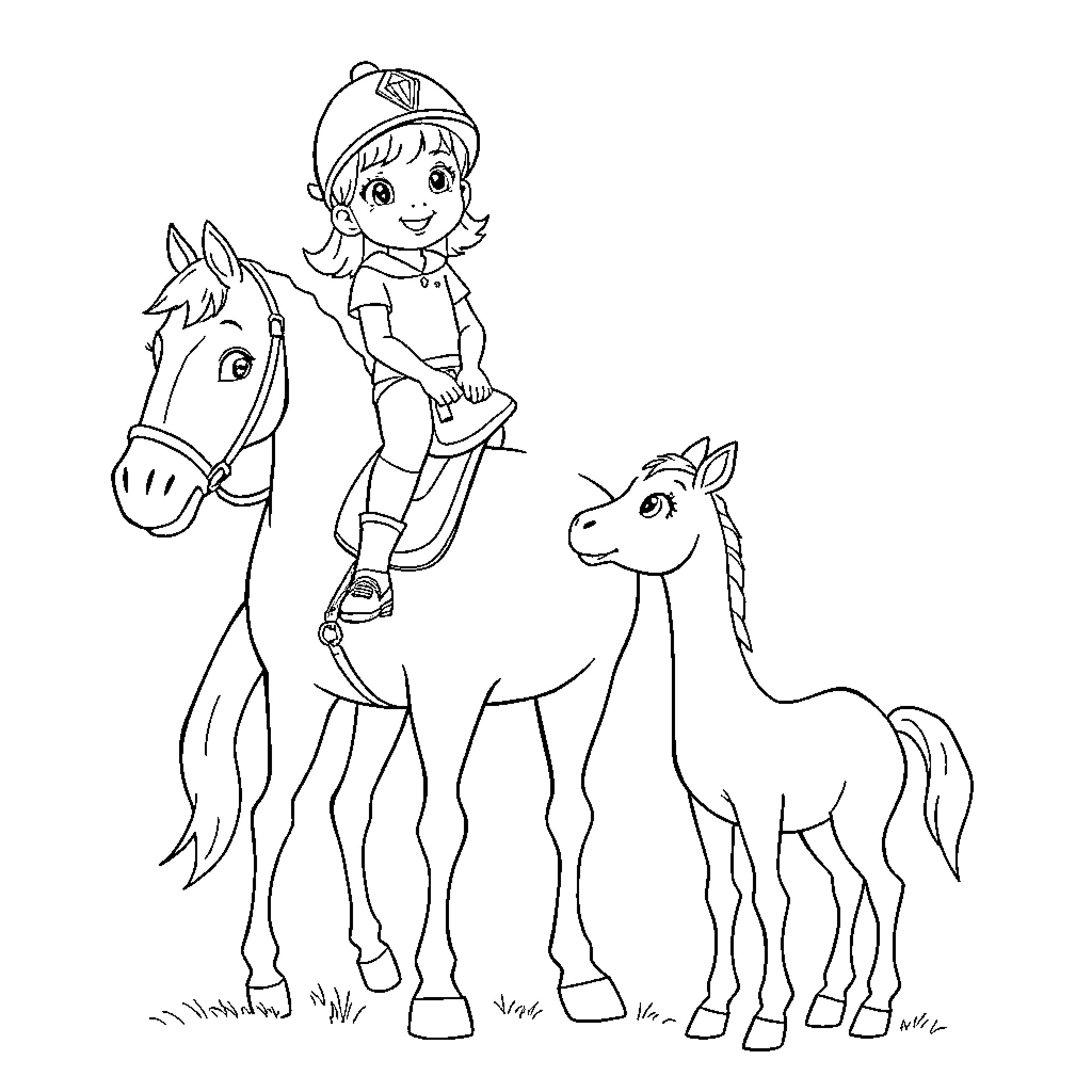 Girl riding a horse with a foal Coloring Page (free black-and-white line drawing printable PDF for all, from beginners to advanced learners, including children, teens, adults, and seniors)
