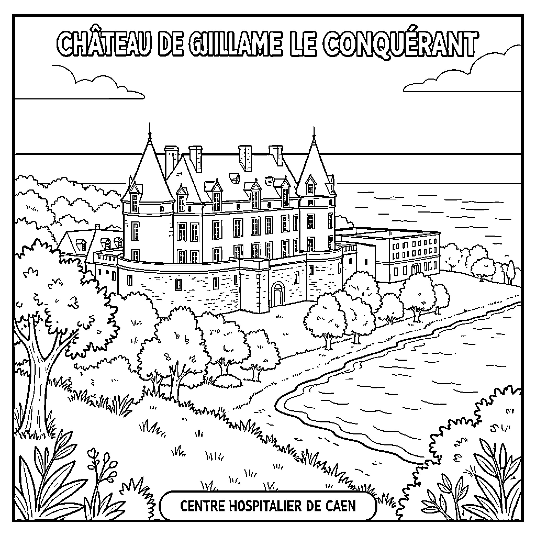 Château standing majestically beside a peaceful river Coloring Page (free black-and-white line drawing printable PDF for all, from beginners to advanced learners, including children, teens, adults, and seniors)