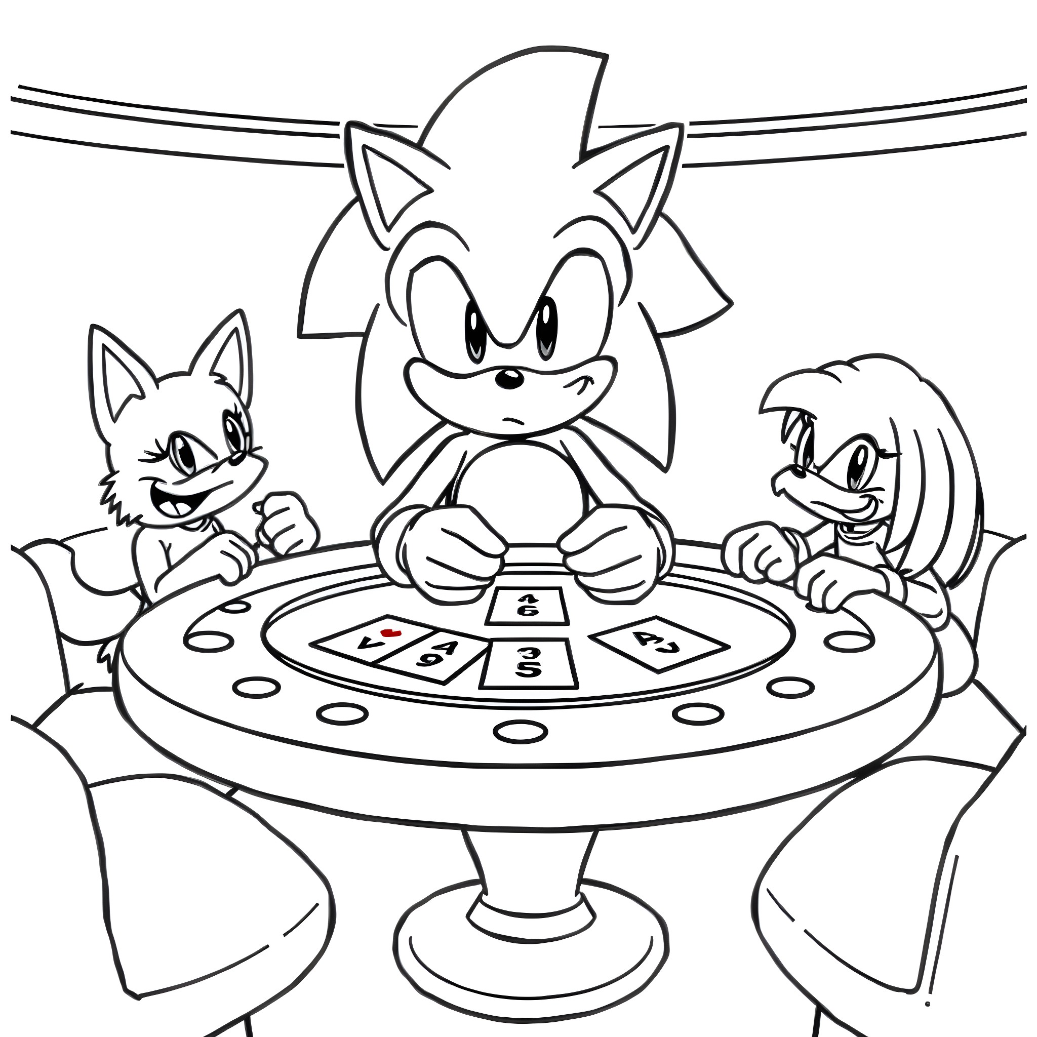 Sonic and friends playing a game together Coloring Page (free black-and-white line drawing printable PDF for all, from beginners to advanced learners, including children, teens, adults, and seniors)