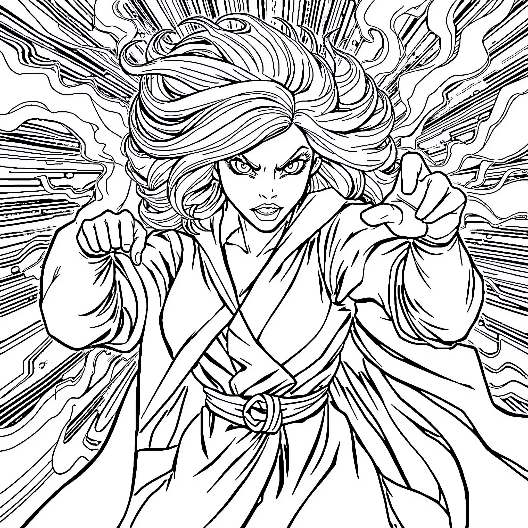 Ballerina warrior in fierce combat stance Coloring Page (free black-and-white line drawing printable PDF for all, from beginners to advanced learners, including children, teens, adults, and seniors)