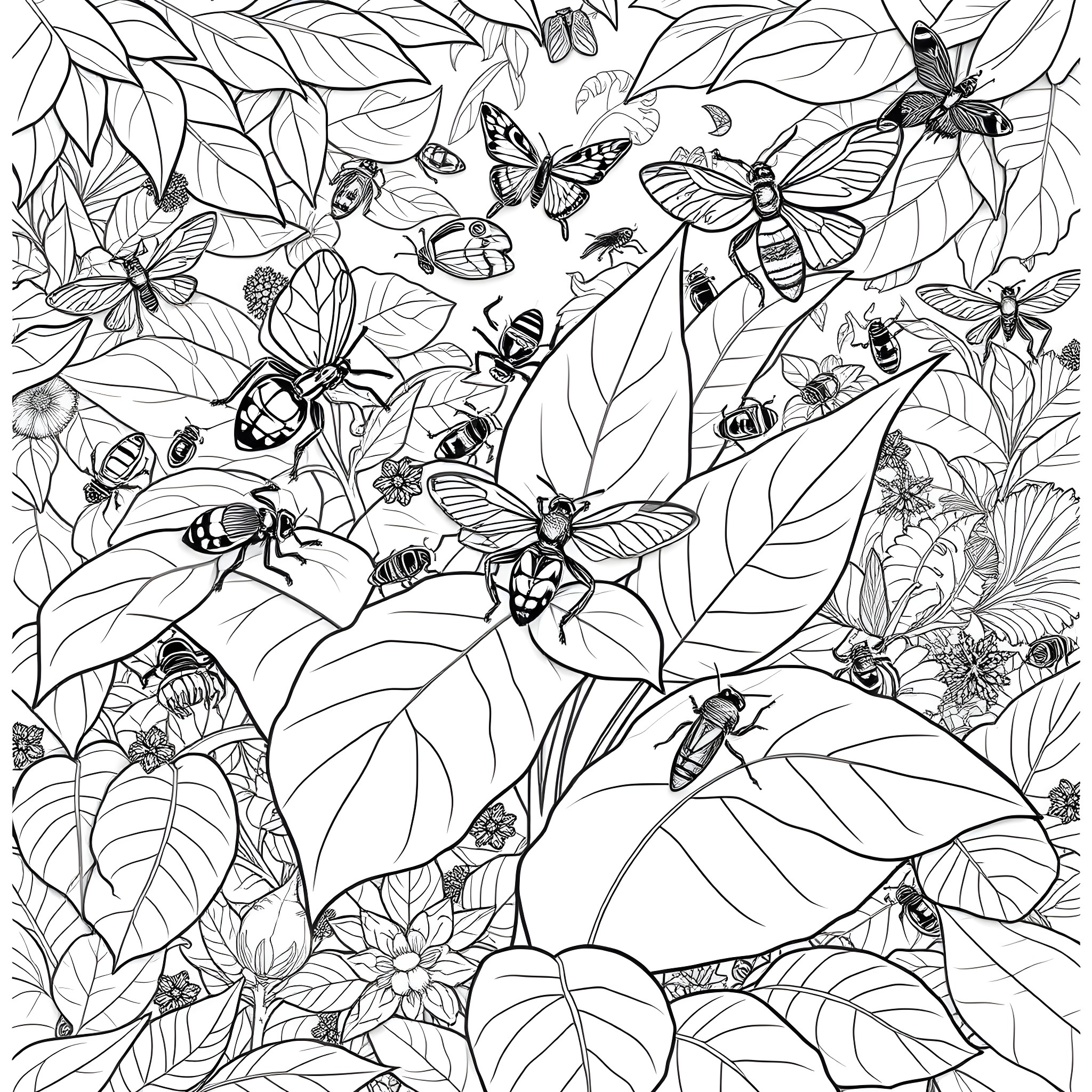 Entomology: Intricate Floral Encounters Coloring Page (free black-and-white line drawing printable PDF for all, from beginners to advanced learners, including children, teens, adults, and seniors)