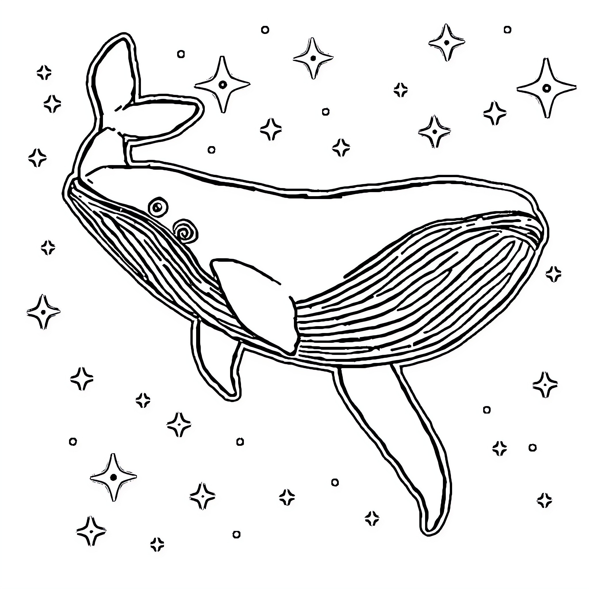 Whale swimming among stars Coloring Page (free black-and-white line drawing printable PDF for all, from beginners to advanced learners, including children, teens, adults, and seniors)