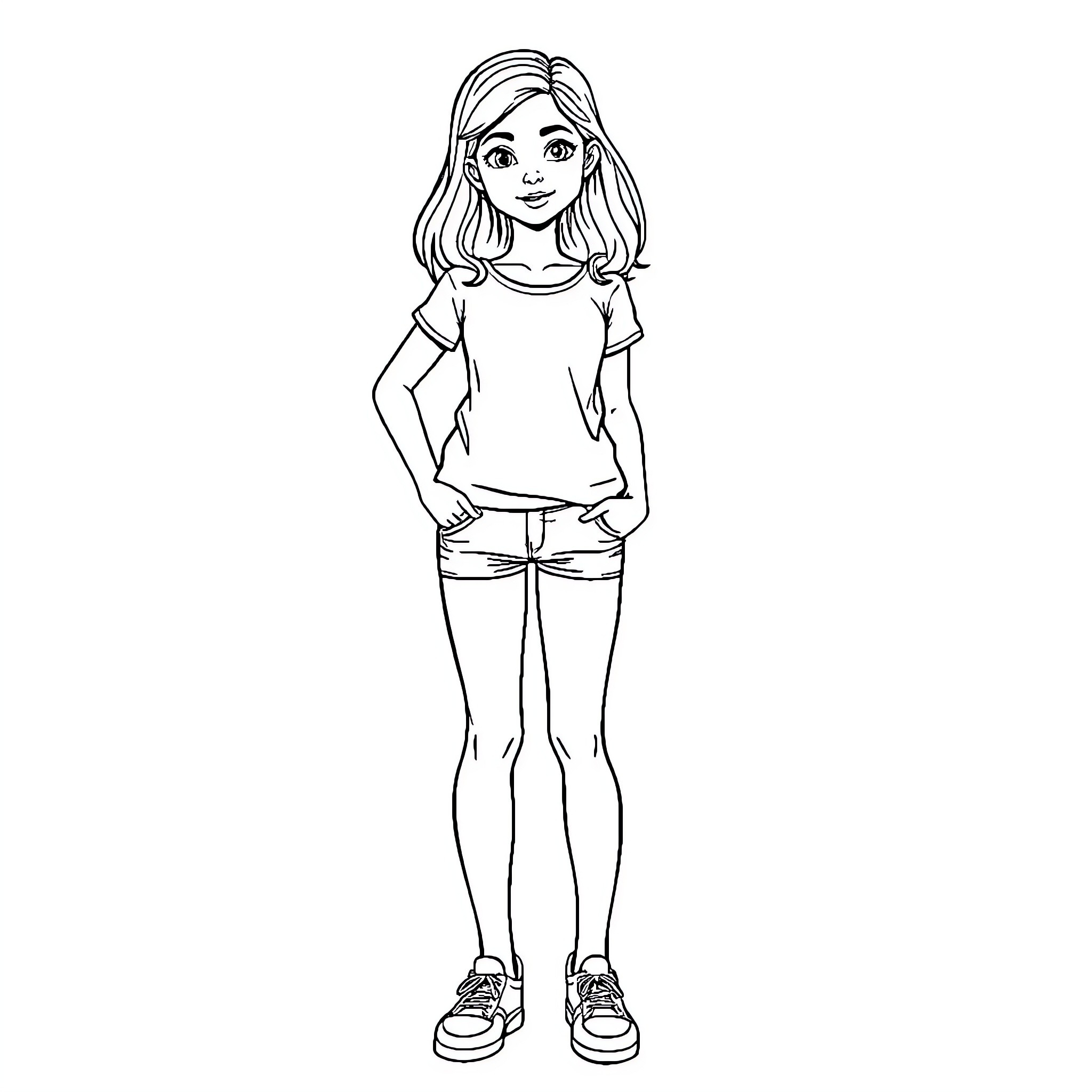 Girl standing confidently in casual outfit Coloring Page (free black-and-white line drawing printable PDF for all, from beginners to advanced learners, including children, teens, adults, and seniors)