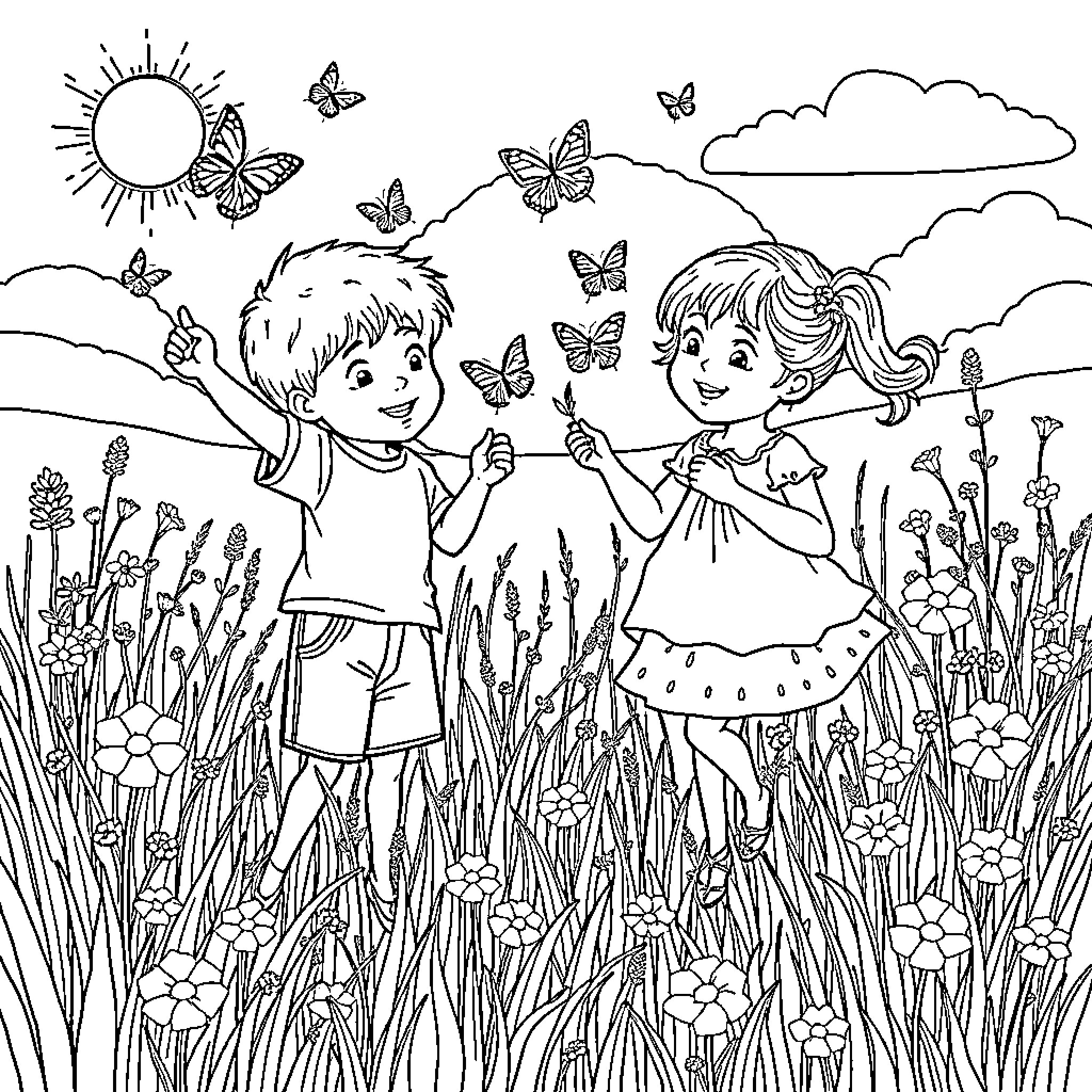 Twin children chasing butterflies in a field Coloring Page (free black-and-white line drawing printable PDF for all, from beginners to advanced learners, including children, teens, adults, and seniors)