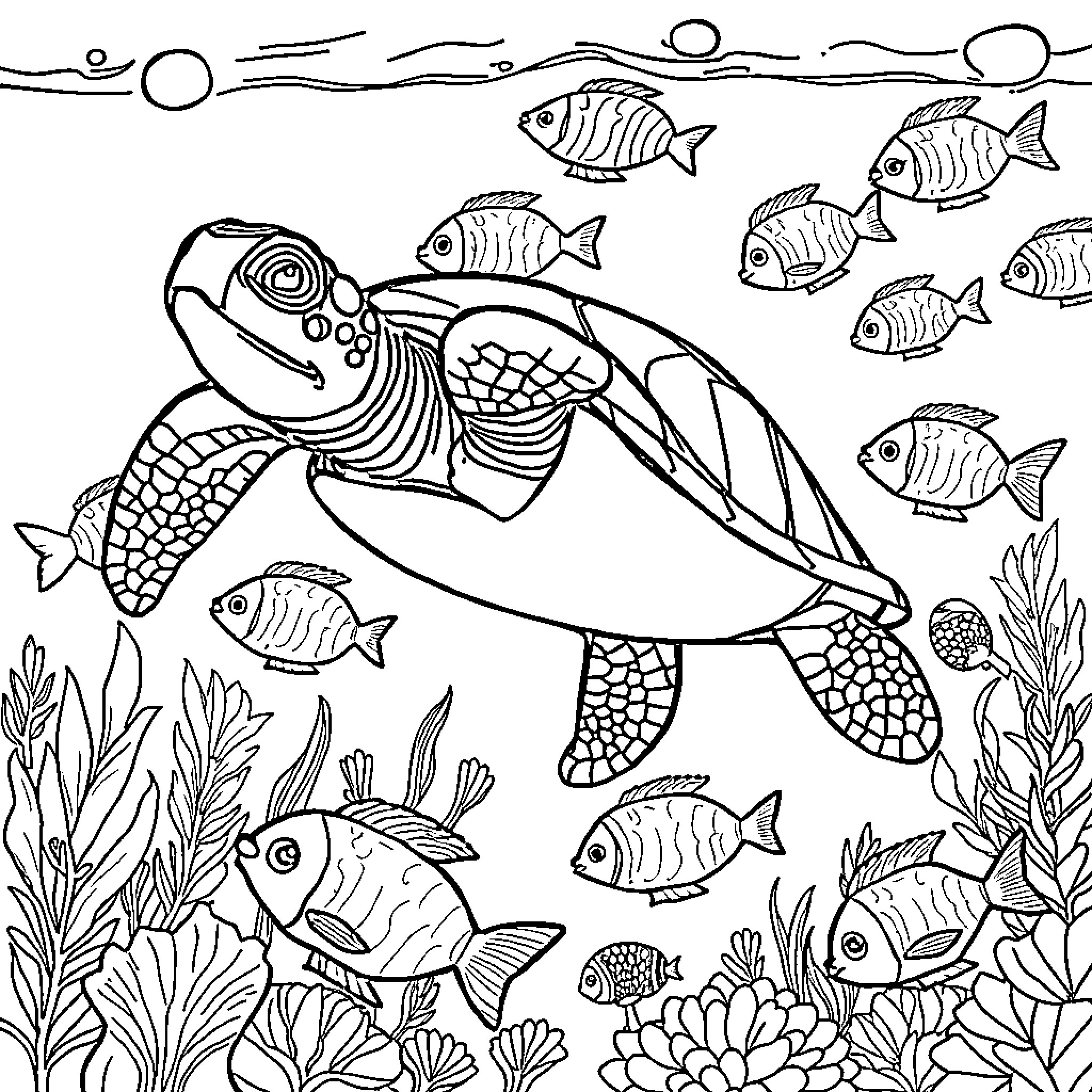 Turtle swimming amidst a vibrant underwater scene Coloring Page (free black-and-white line drawing printable PDF for all, from beginners to advanced learners, including children, teens, adults, and seniors)