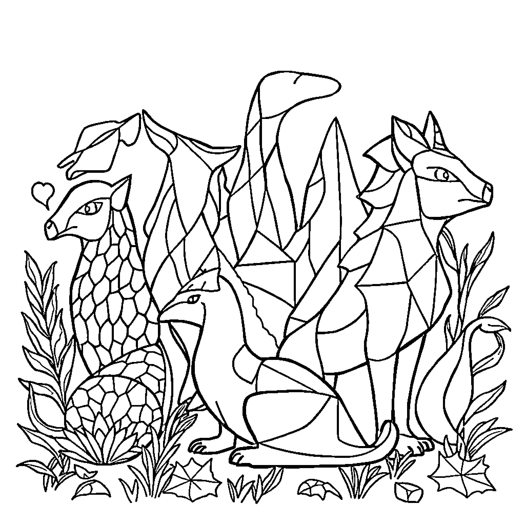 Animal abstract geometric shapes in nature Coloring Page (free black-and-white line drawing printable PDF for all, from beginners to advanced learners, including children, teens, adults, and seniors)