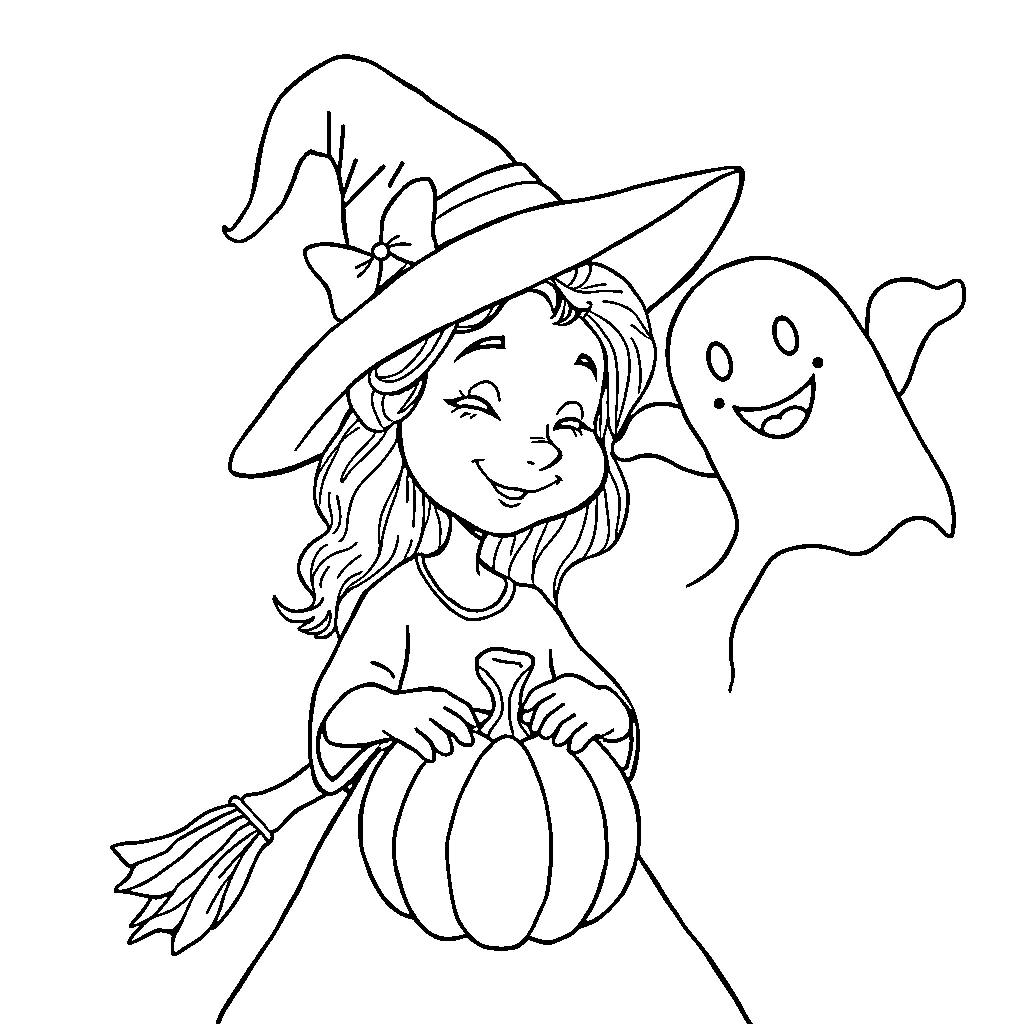 Witch posing with a friendly ghost Coloring Page (free black-and-white line drawing printable PDF for all, from beginners to advanced learners, including children, teens, adults, and seniors)