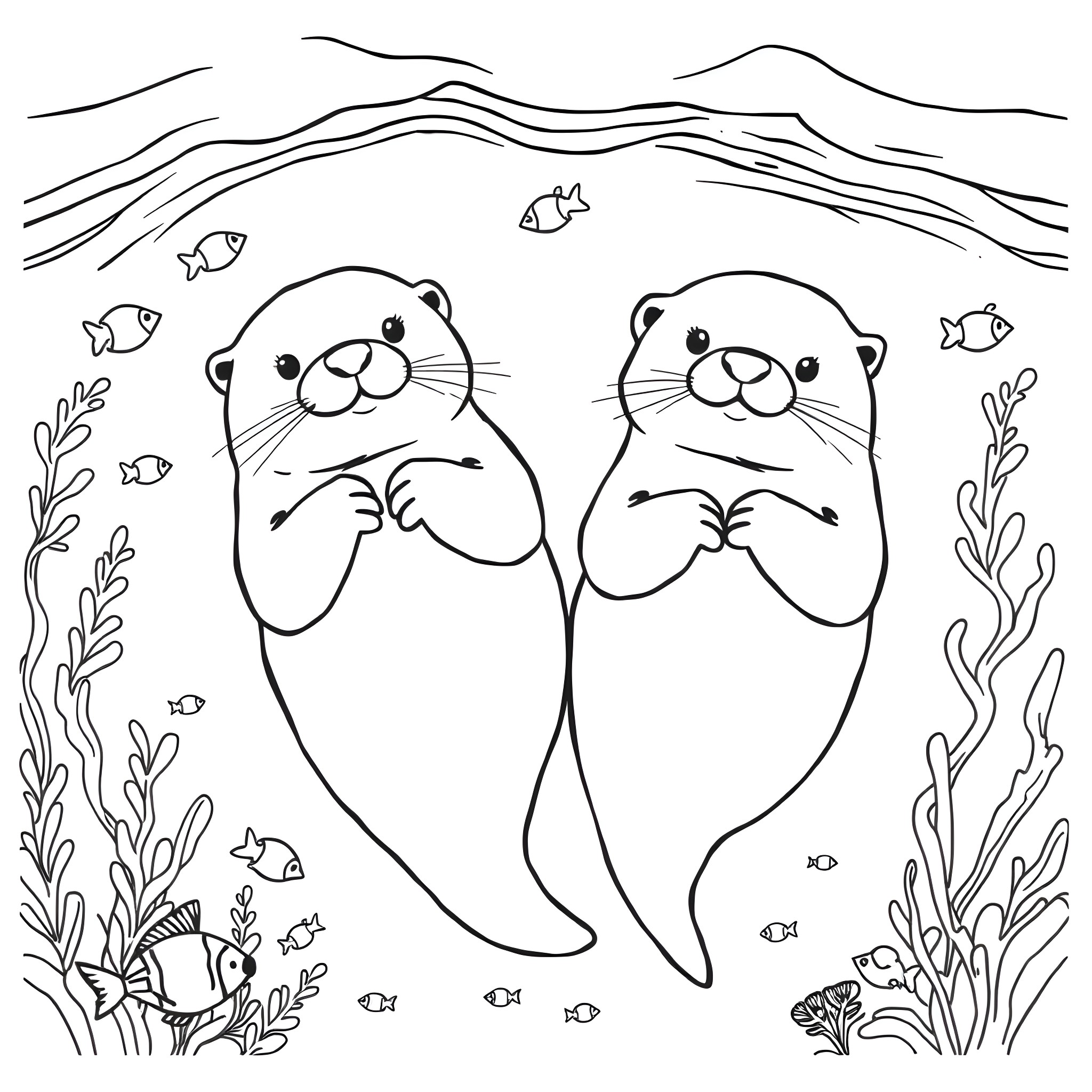 Sea Otters Holding Hands in Underwater Seascape Coloring Page (free black-and-white line drawing printable PDF for all, from beginners to advanced learners, including children, teens, adults, and seniors)