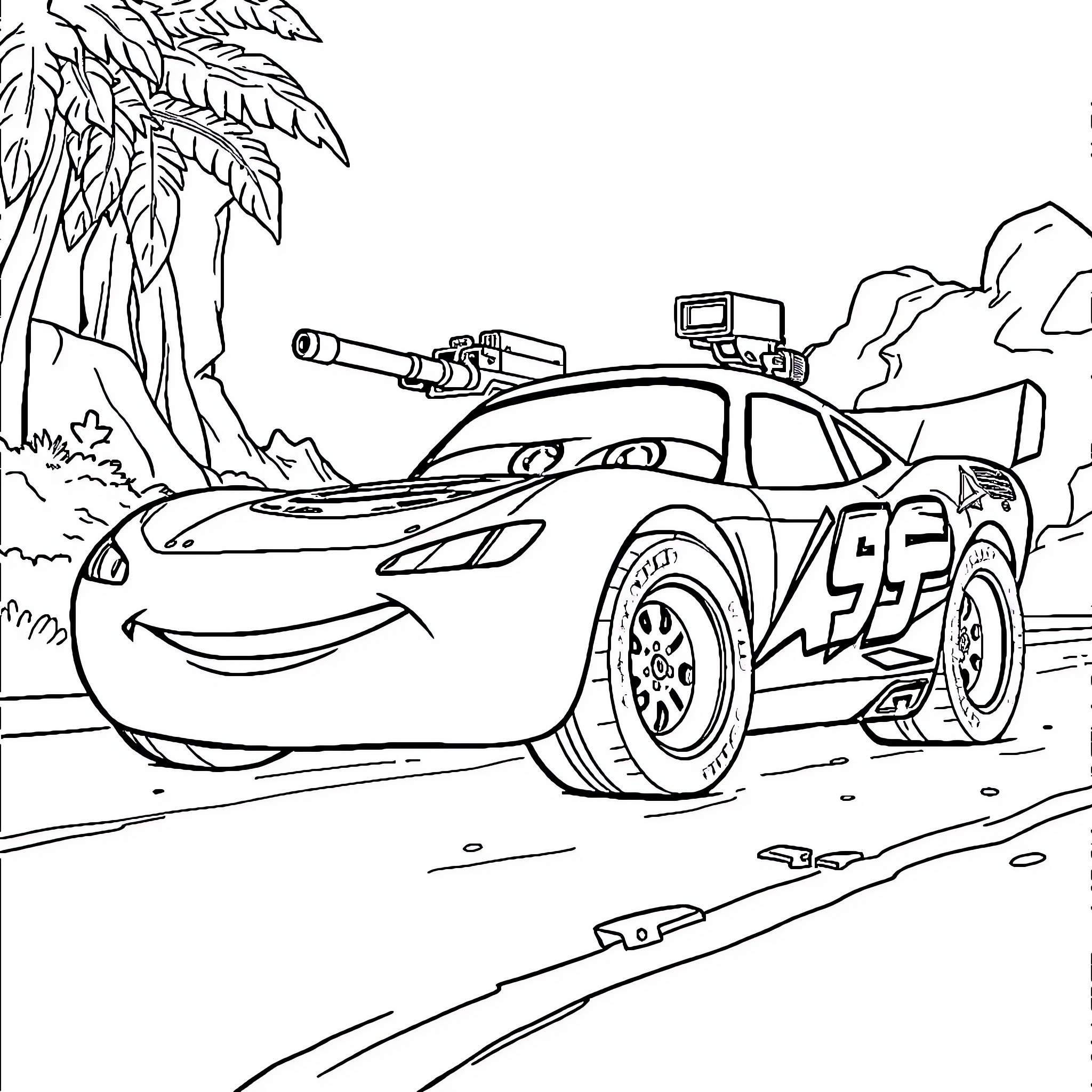 Flash McQueen's Adventurous Racing Scene Coloring Page (free black-and-white line drawing printable PDF for all, from beginners to advanced learners, including children, teens, adults, and seniors)