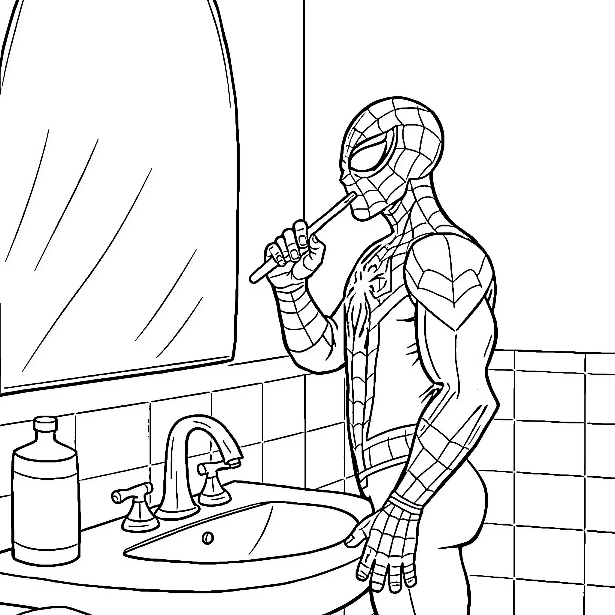 Spiderman adjusting his suit in the bathroom Coloring Page (free black-and-white line drawing printable PDF for all, from beginners to advanced learners, including children, teens, adults, and seniors)