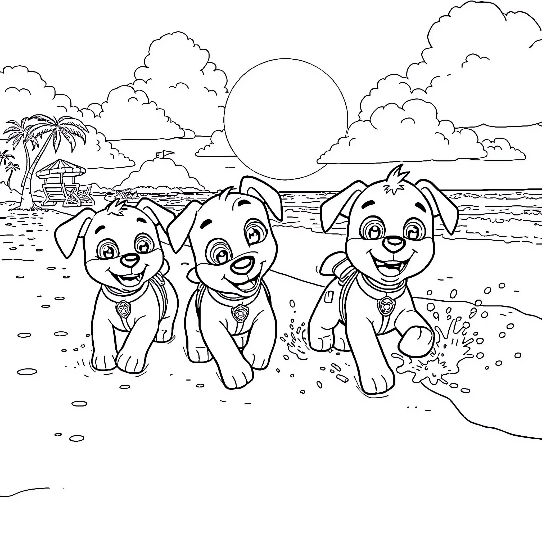 Paw Patrol pups playing on the beach Coloring Page (free black-and-white line drawing printable PDF for all, from beginners to advanced learners, including children, teens, adults, and seniors)