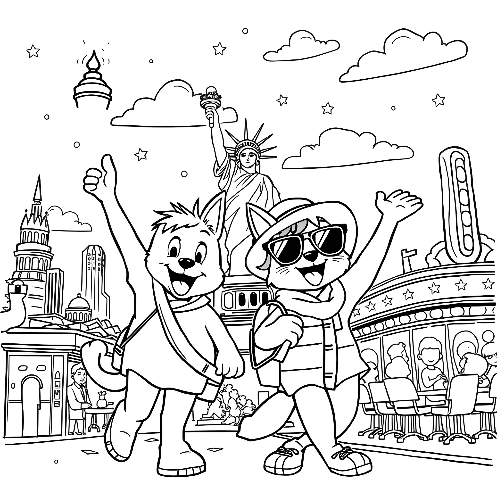 Bluey and friends enjoying the sights of New York City Coloring Page (free black-and-white line drawing printable PDF for all, from beginners to advanced learners, including children, teens, adults, and seniors)