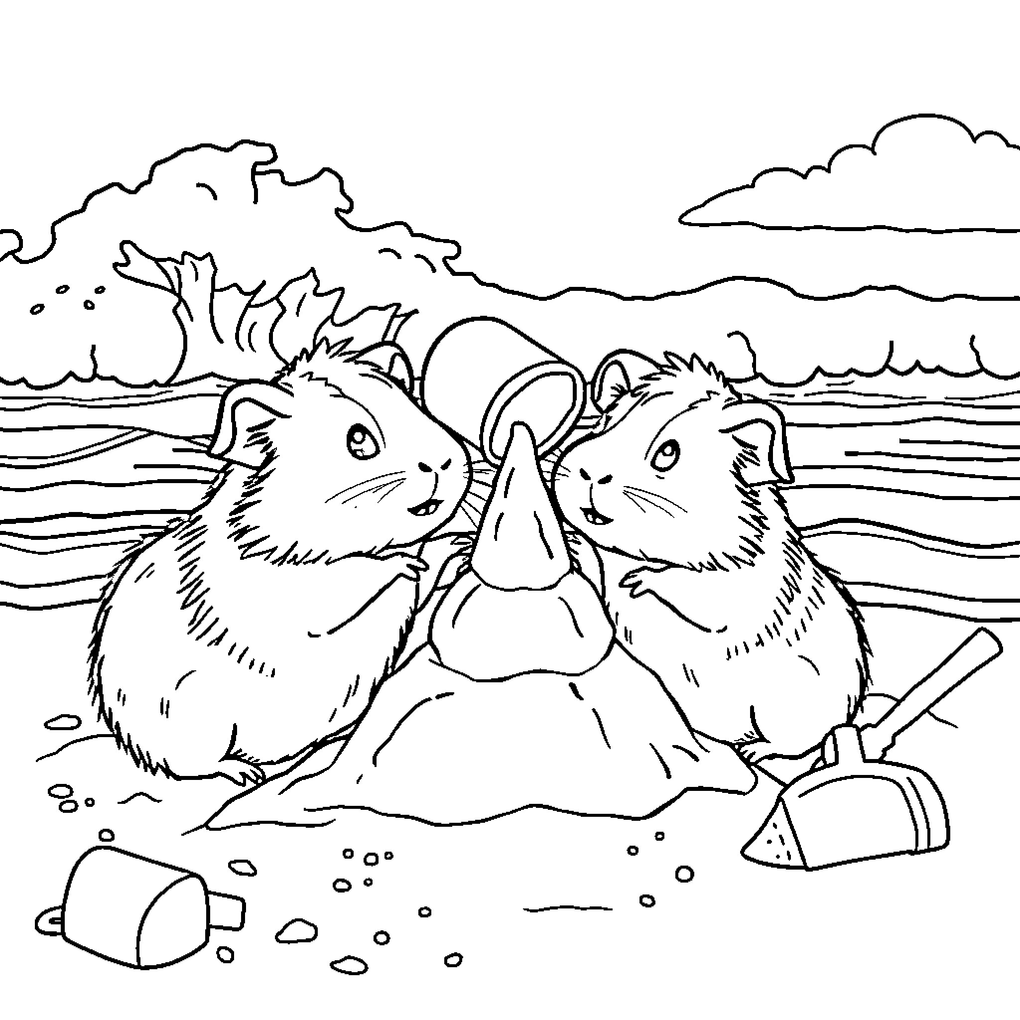 Guinea Pigs enjoying a day at the beach Coloring Page (free black-and-white line drawing printable PDF for all, from beginners to advanced learners, including children, teens, adults, and seniors)
