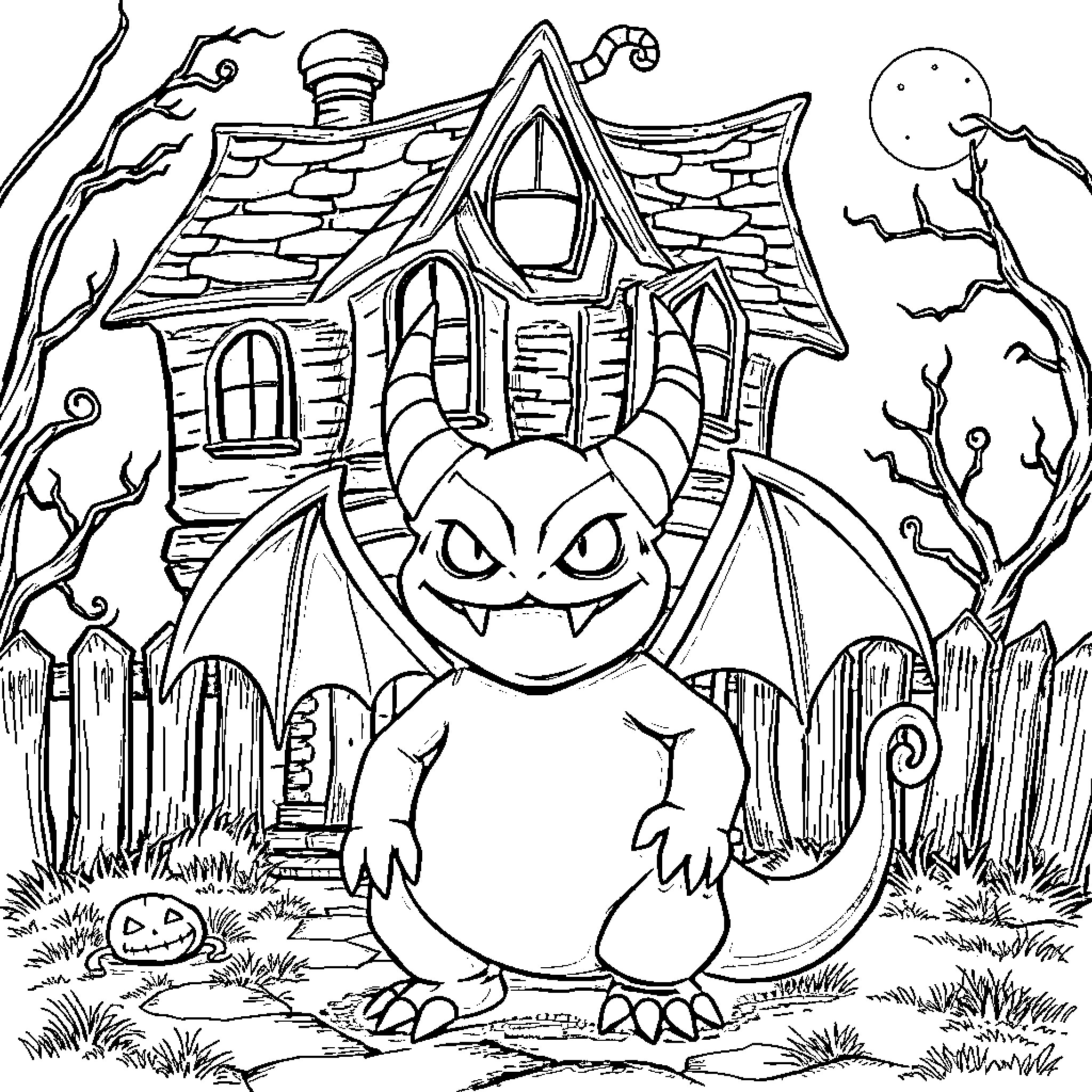 Gengar enjoying a spooky haunted house scene Coloring Page (free black-and-white line drawing printable PDF for all, from beginners to advanced learners, including children, teens, adults, and seniors)