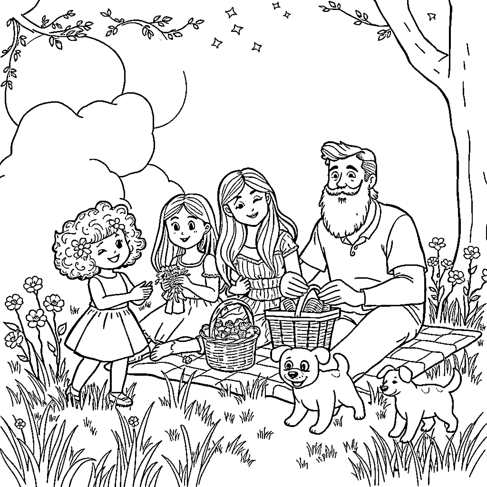 Family Enjoying a Picnic in the Countryside Coloring Page (free black-and-white line drawing printable PDF for all, from beginners to advanced learners, including children, teens, adults, and seniors)