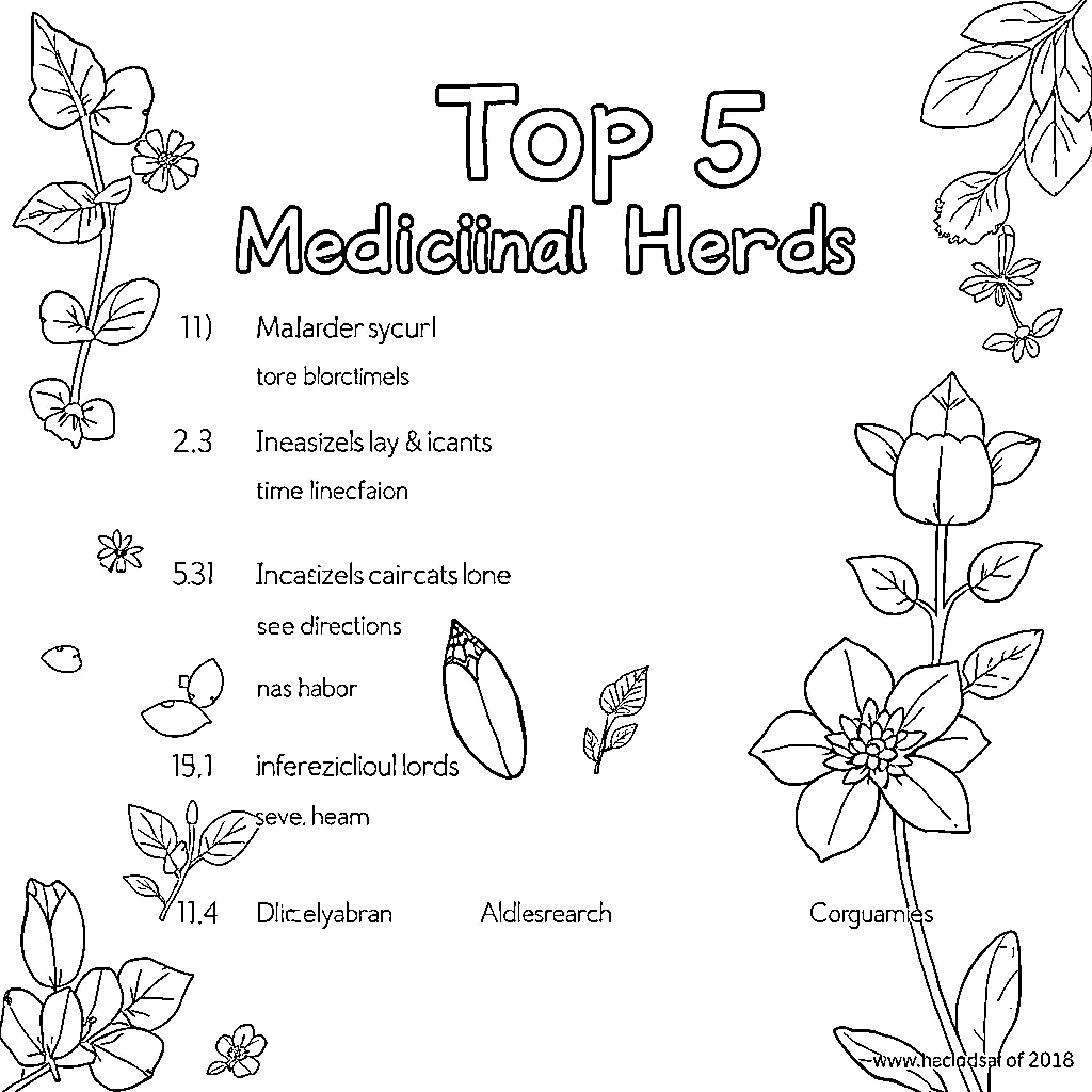 Herb Top 5 Medicinal Herds with Detailed Names Coloring Page (free black-and-white line drawing printable PDF for all, from beginners to advanced learners, including children, teens, adults, and seniors)
