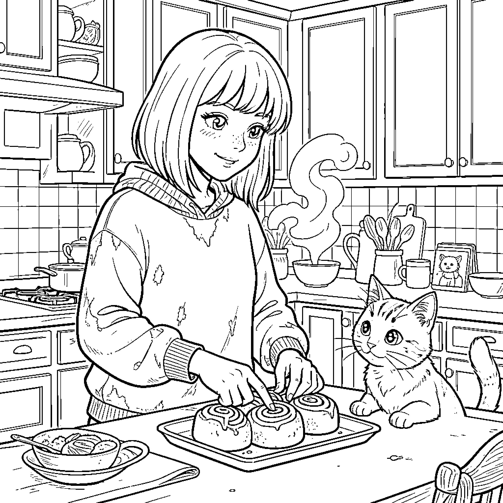 Woman preparing food with a cat in the kitchen Coloring Page (free black-and-white line drawing printable PDF for all, from beginners to advanced learners, including children, teens, adults, and seniors)
