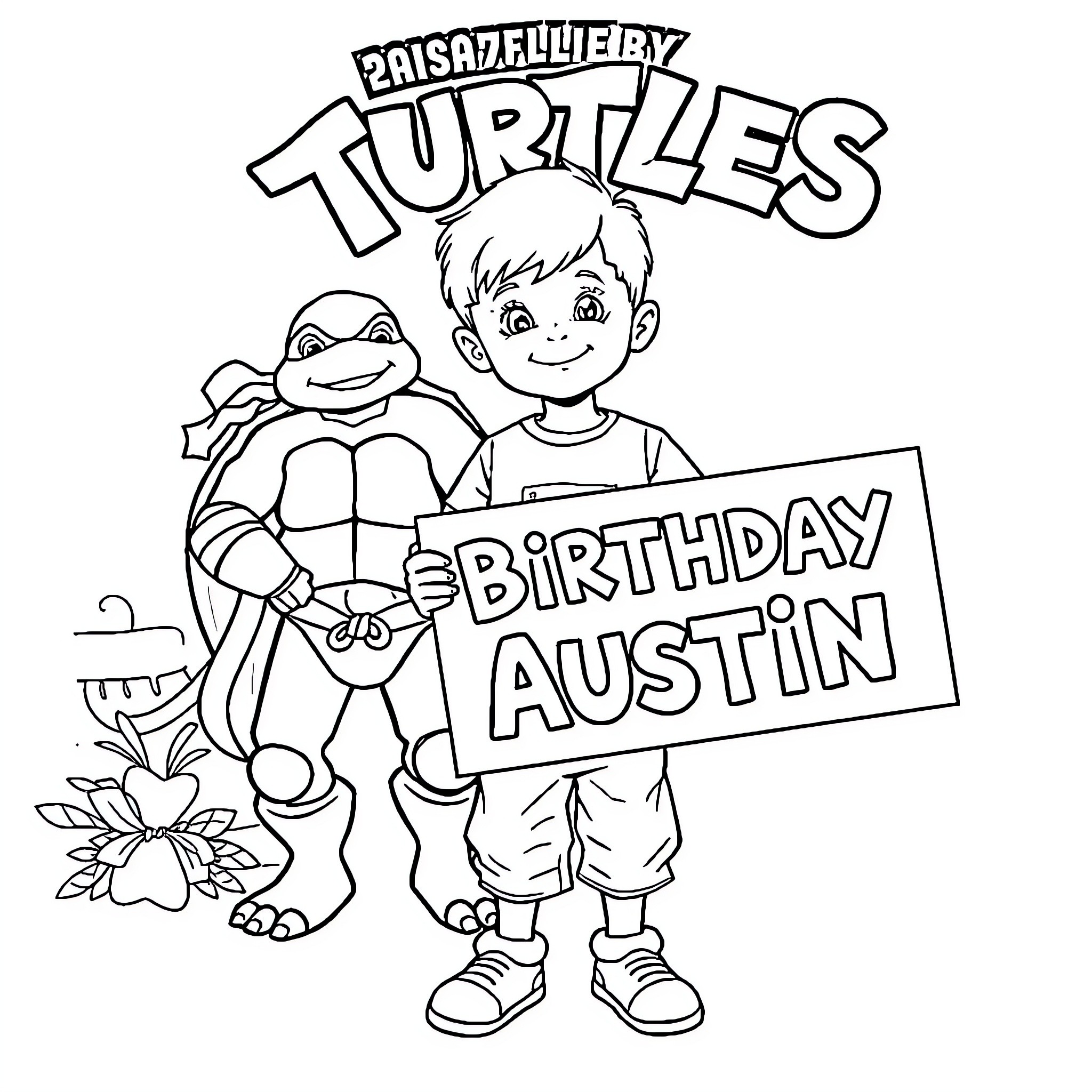 Ninja Turtle celebrates birthday with young child Coloring Page (free black-and-white line drawing printable PDF for all, from beginners to advanced learners, including children, teens, adults, and seniors)