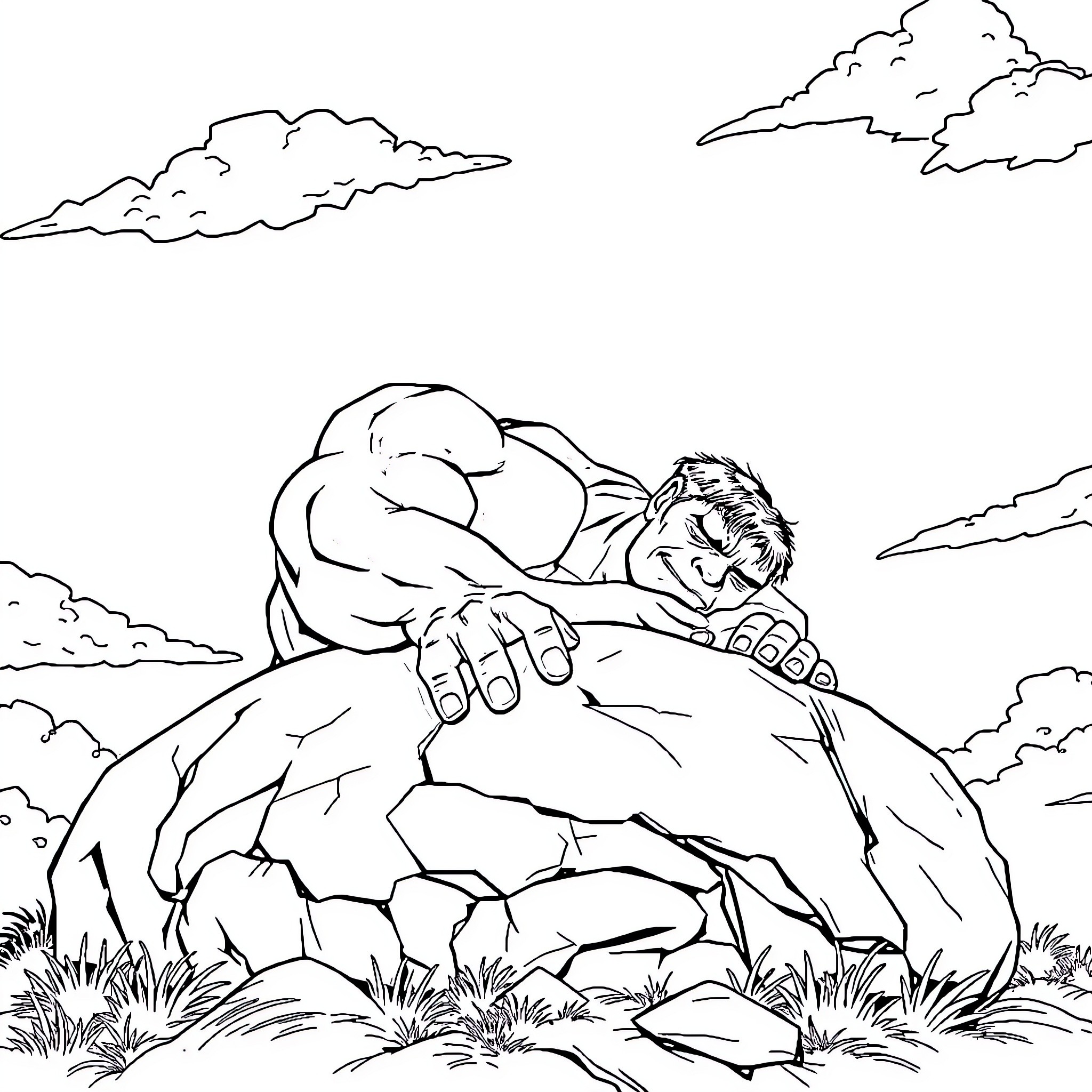 Hulk resting atop a rocky mountain Coloring Page (free black-and-white line drawing printable PDF for all, from beginners to advanced learners, including children, teens, adults, and seniors)