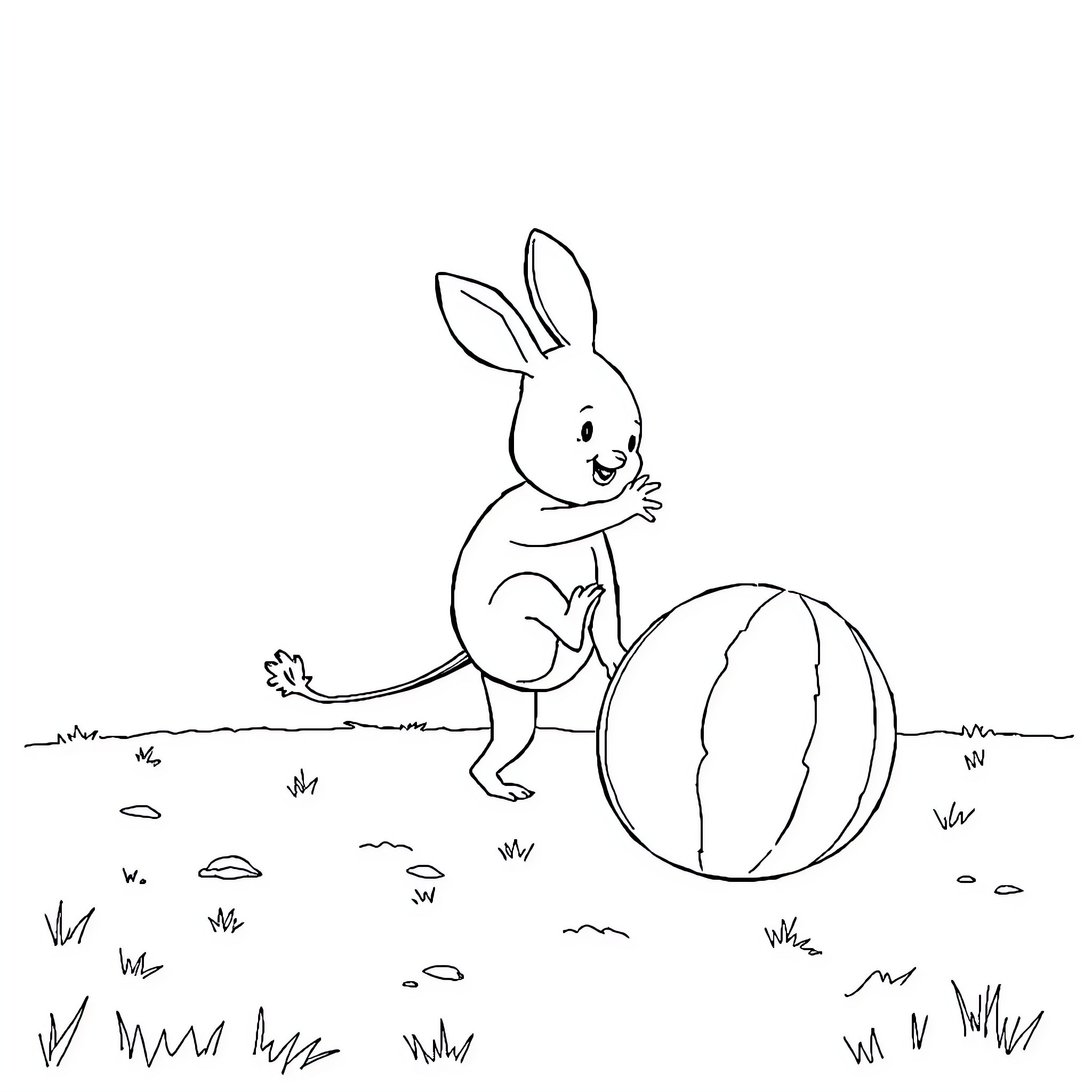 Cinderella Bunny Playfully Rolling Ball in Field Coloring Page (free black-and-white line drawing printable PDF for all, from beginners to advanced learners, including children, teens, adults, and seniors)