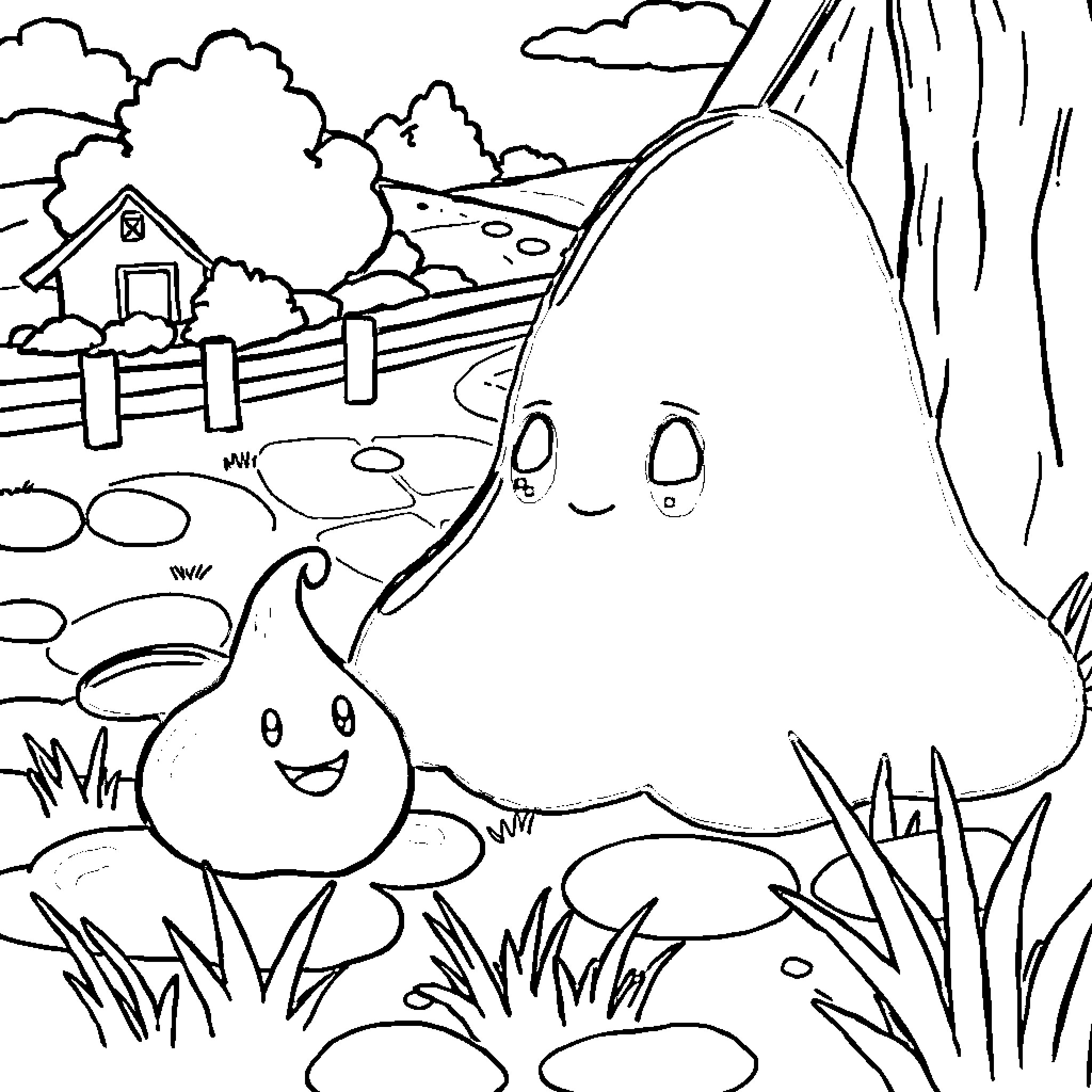Slime characters explore the countryside Coloring Page (free black-and-white line drawing printable PDF for all, from beginners to advanced learners, including children, teens, adults, and seniors)