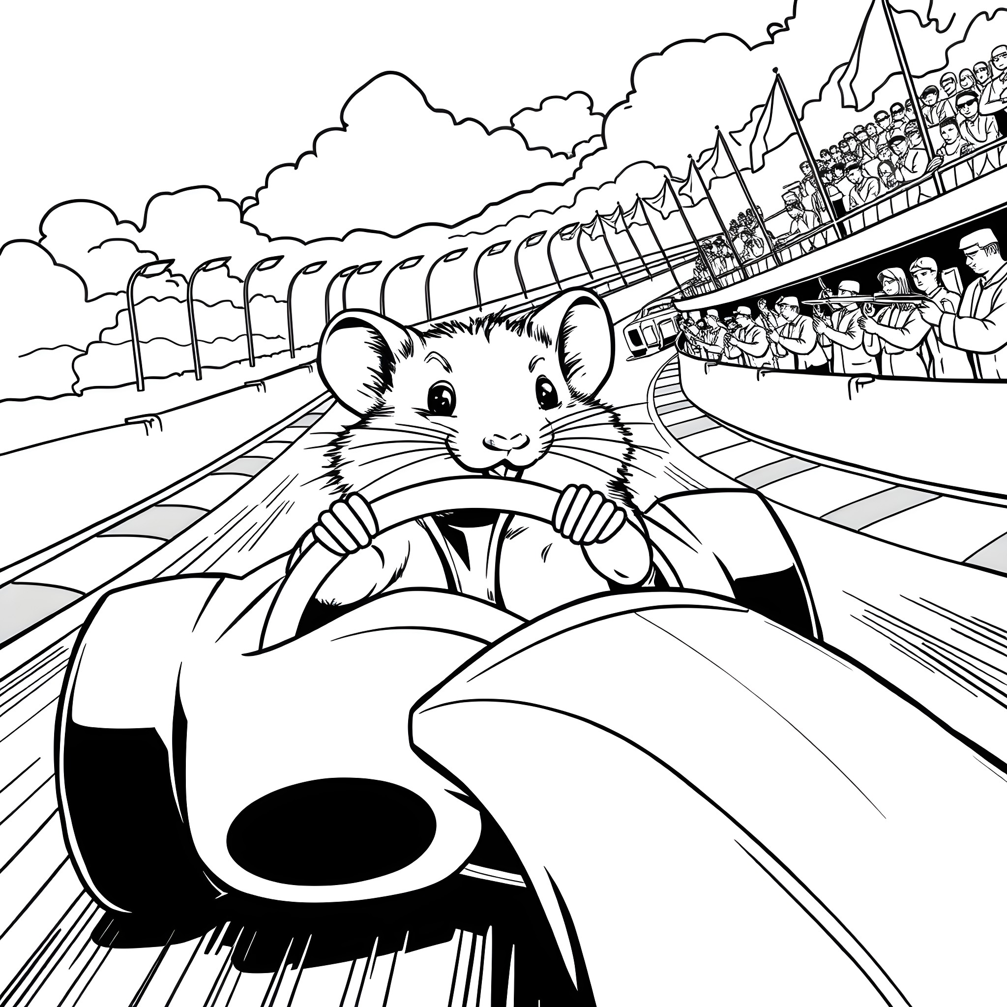 Hamster racing through a circuit with fans cheering Coloring Page (free black-and-white line drawing printable PDF for all, from beginners to advanced learners, including children, teens, adults, and seniors)