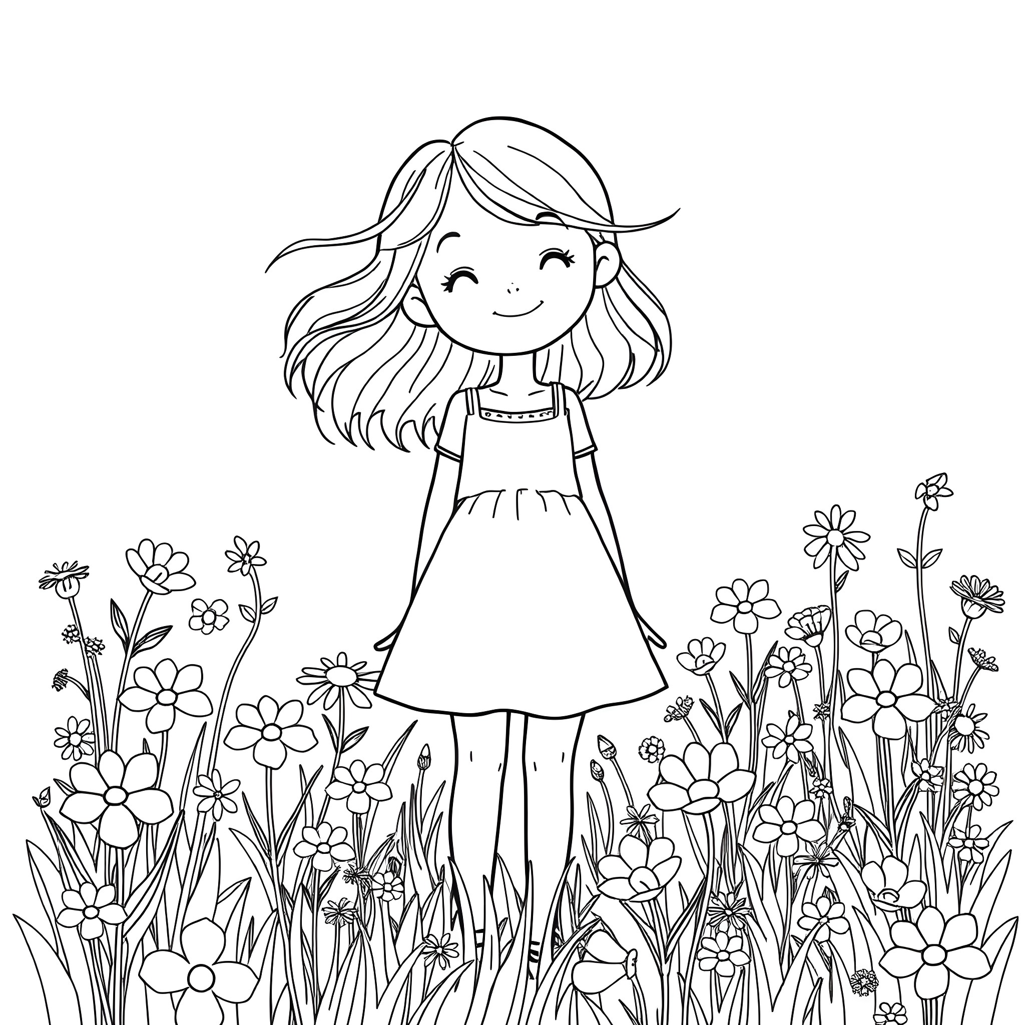 Girl standing in a field of flowers Coloring Page (free black-and-white line drawing printable PDF for all, from beginners to advanced learners, including children, teens, adults, and seniors)