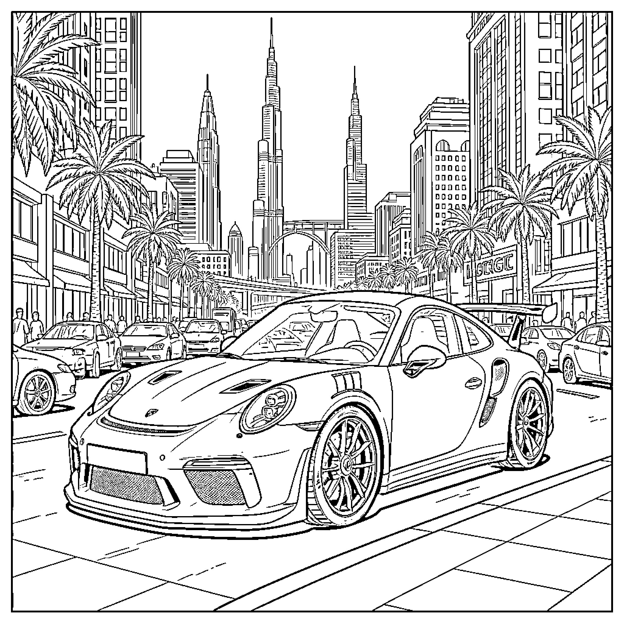 Porsche driving through a modern urban cityscape Coloring Page (free black-and-white line drawing printable PDF for all, from beginners to advanced learners, including children, teens, adults, and seniors)