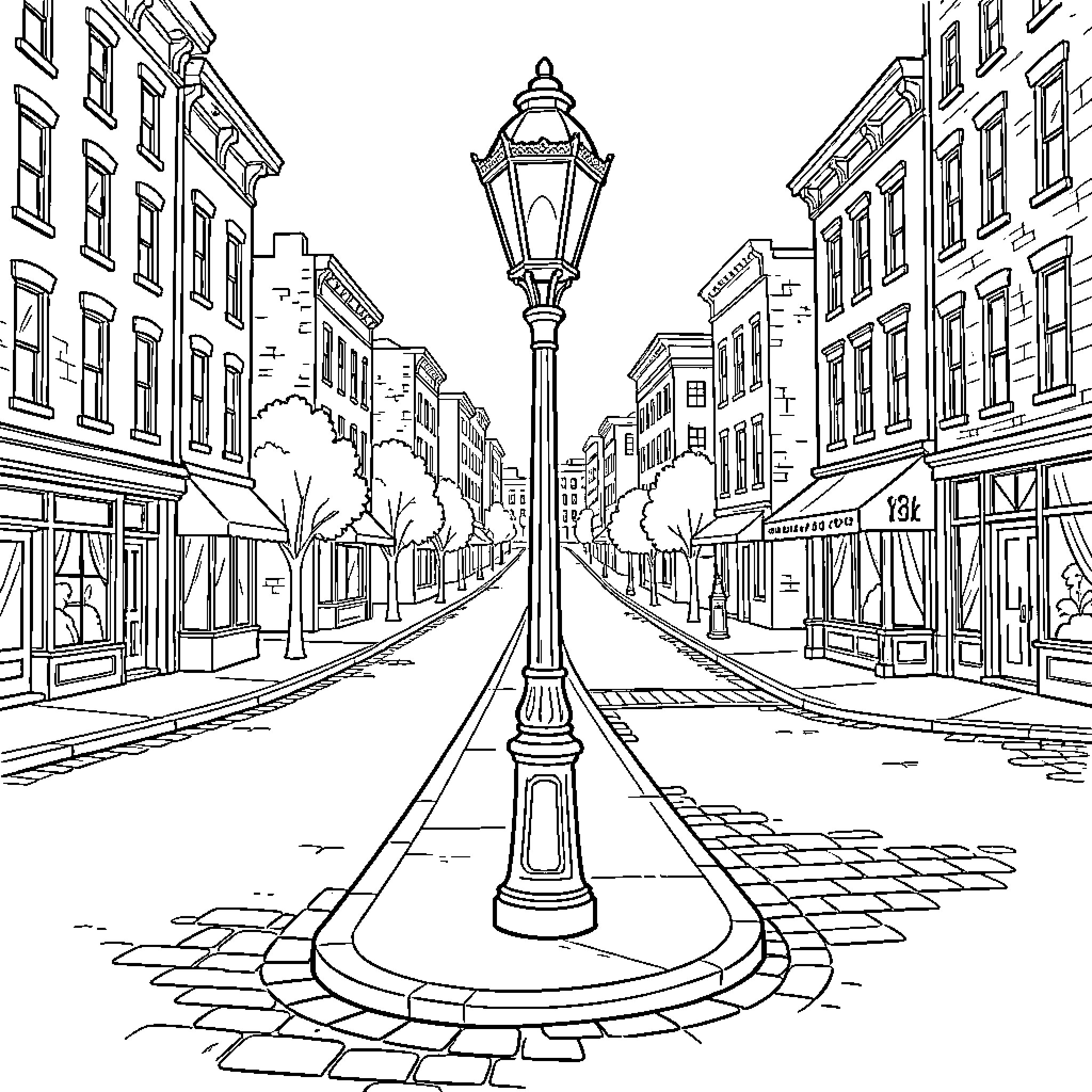 Street Light standing in a quiet urban city street Coloring Page (free black-and-white line drawing printable PDF for all, from beginners to advanced learners, including children, teens, adults, and seniors)