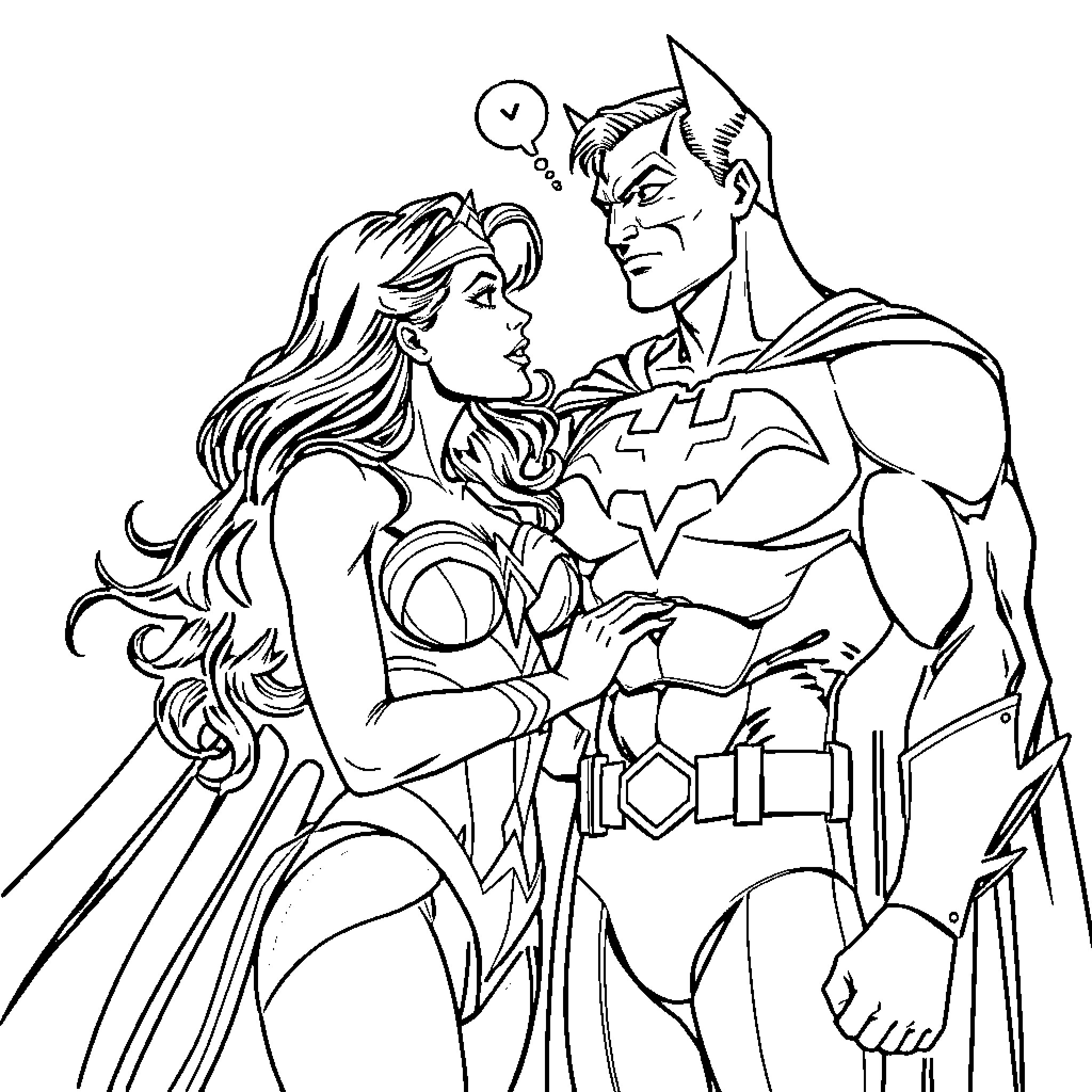 Wonder Woman and Batman in Romantic Embrace Coloring Page (free black-and-white line drawing printable PDF for all, from beginners to advanced learners, including children, teens, adults, and seniors)