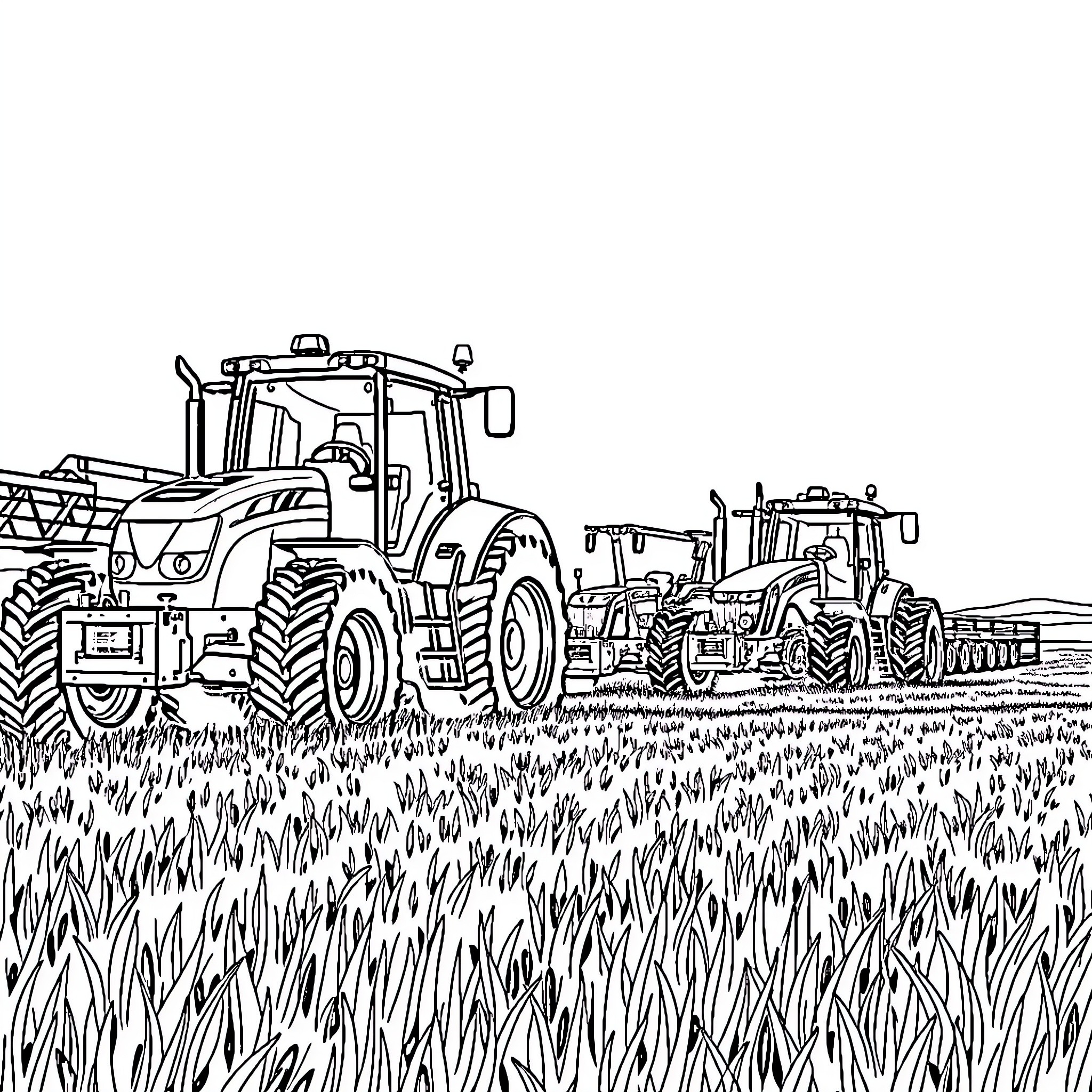 Tractor plowing through vast farmland Coloring Page (free black-and-white line drawing printable PDF for all, from beginners to advanced learners, including children, teens, adults, and seniors)