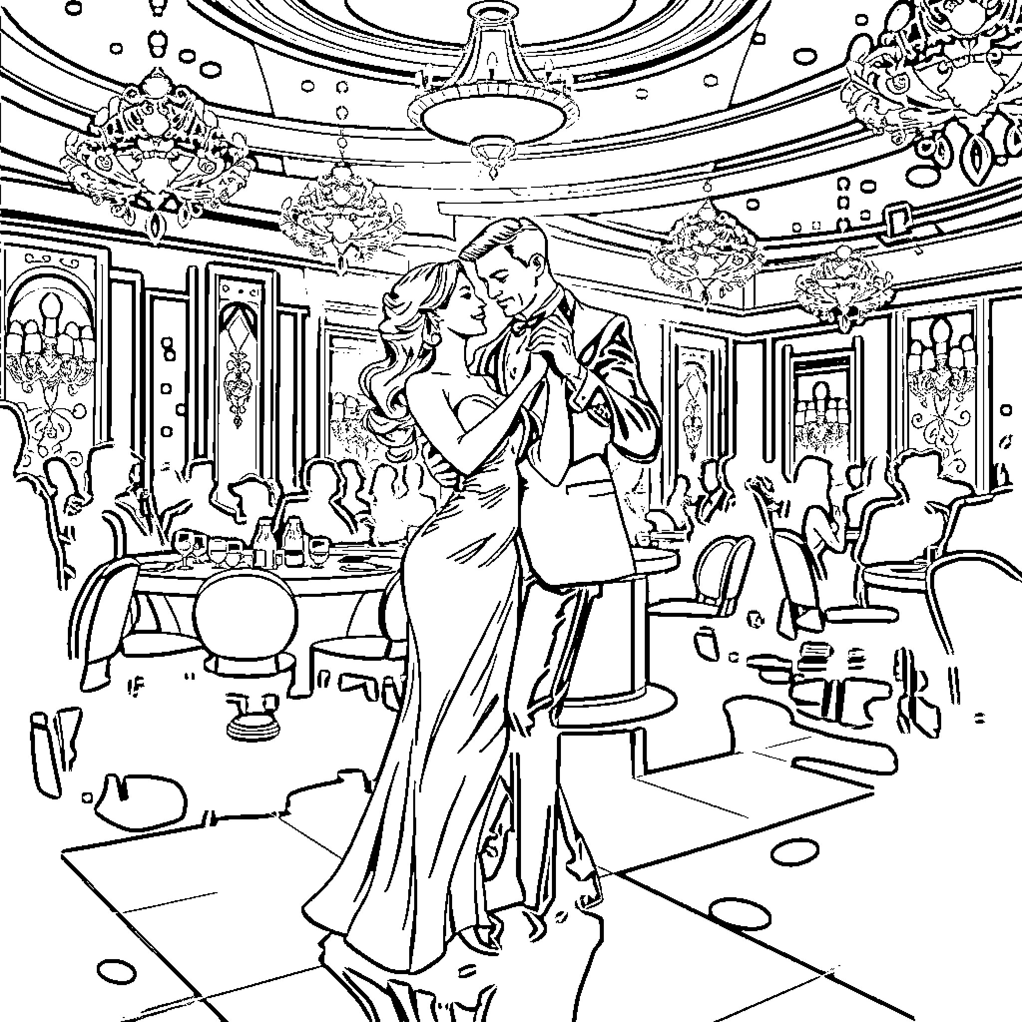 James Bond and his companion dancing in an elegant ballroom Coloring Page (free black-and-white line drawing printable PDF for all, from beginners to advanced learners, including children, teens, adults, and seniors)