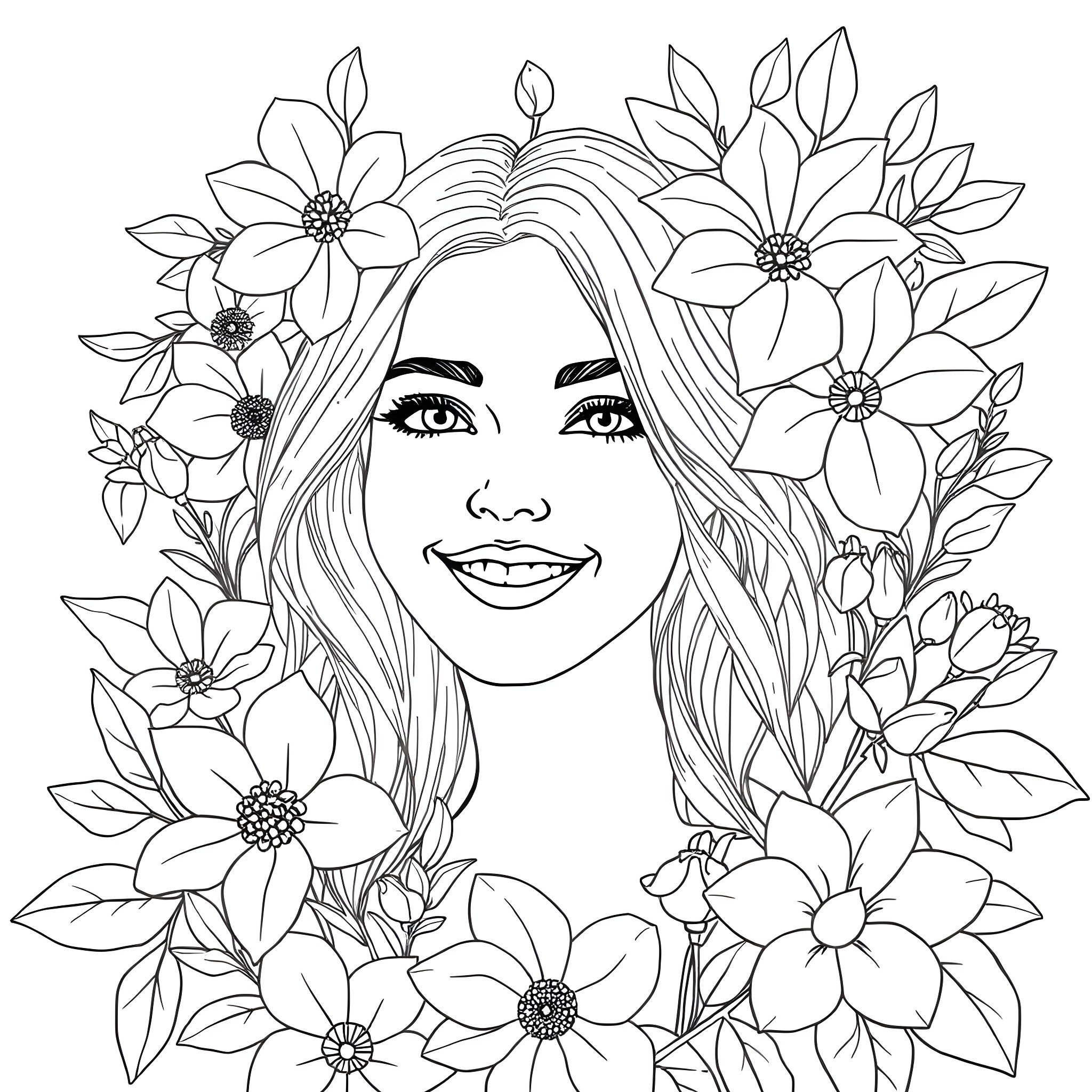 Jess smiling amidst a floral arrangement Coloring Page (free black-and-white line drawing printable PDF for all, from beginners to advanced learners, including children, teens, adults, and seniors)