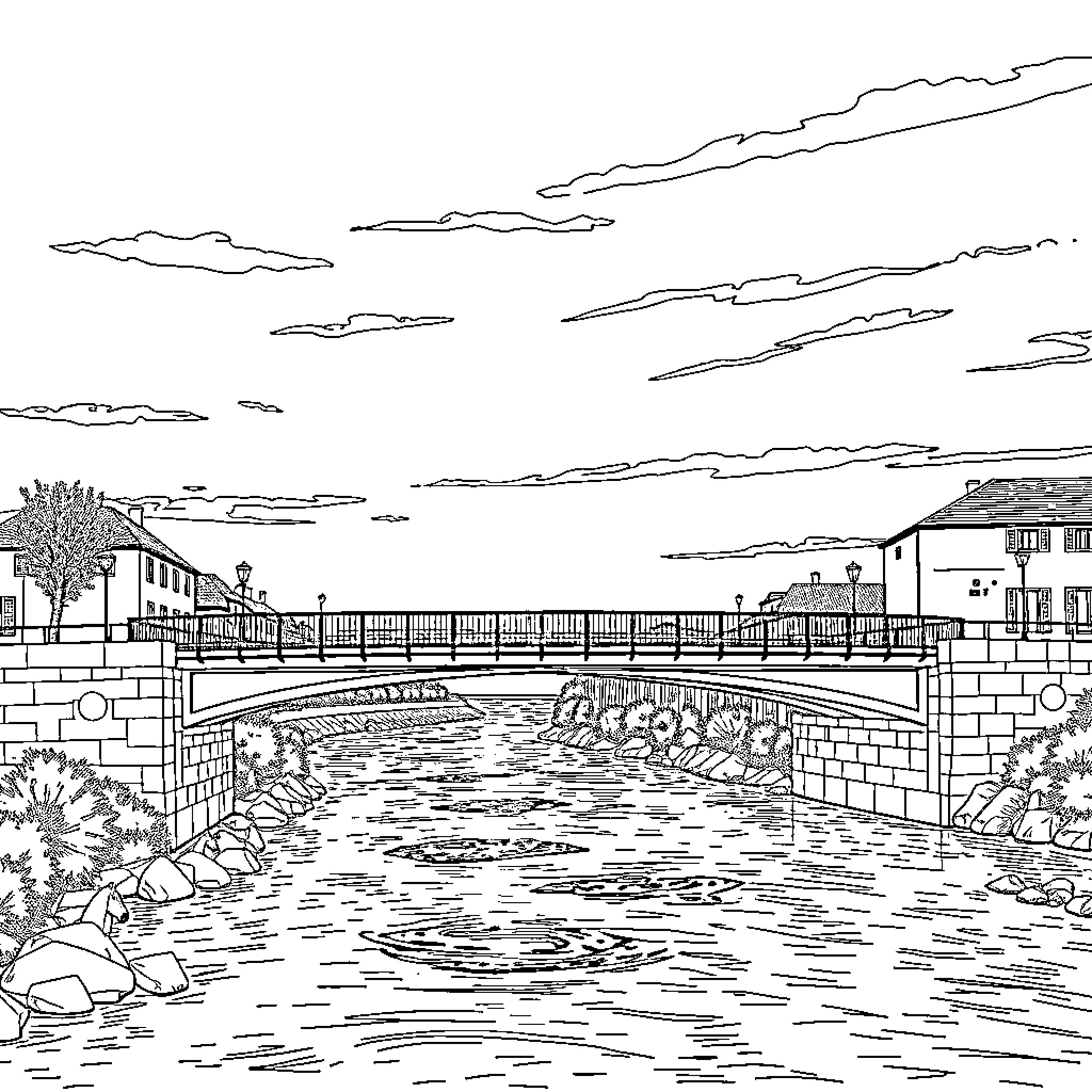 Sunset at the Riverfront Boardwalk Coloring Page (free black-and-white line drawing printable PDF for all, from beginners to advanced learners, including children, teens, adults, and seniors)