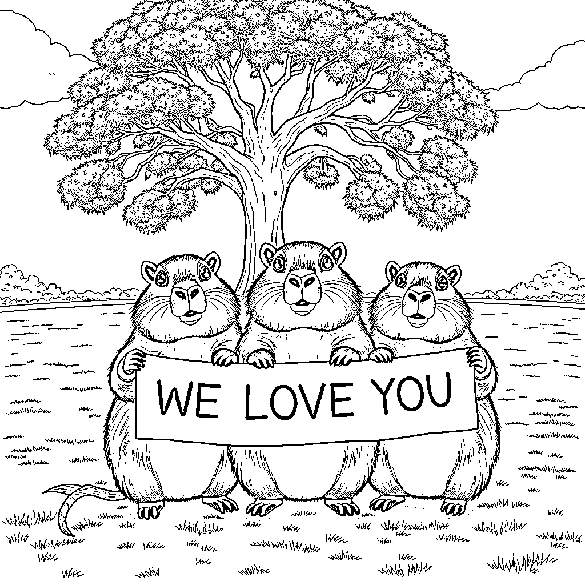 Capybara friends sharing a heartfelt message Coloring Page (free black-and-white line drawing printable PDF for all, from beginners to advanced learners, including children, teens, adults, and seniors)