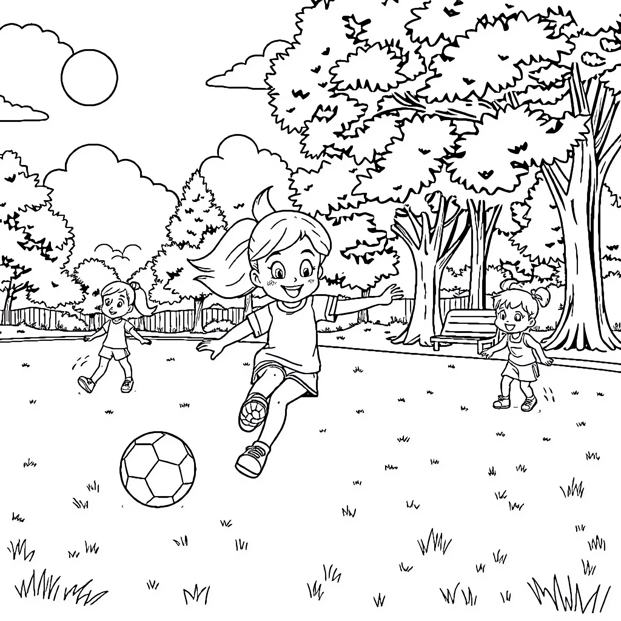 Bluey playing with friends in the park Coloring Page (free black-and-white line drawing printable PDF for all, from beginners to advanced learners, including children, teens, adults, and seniors)