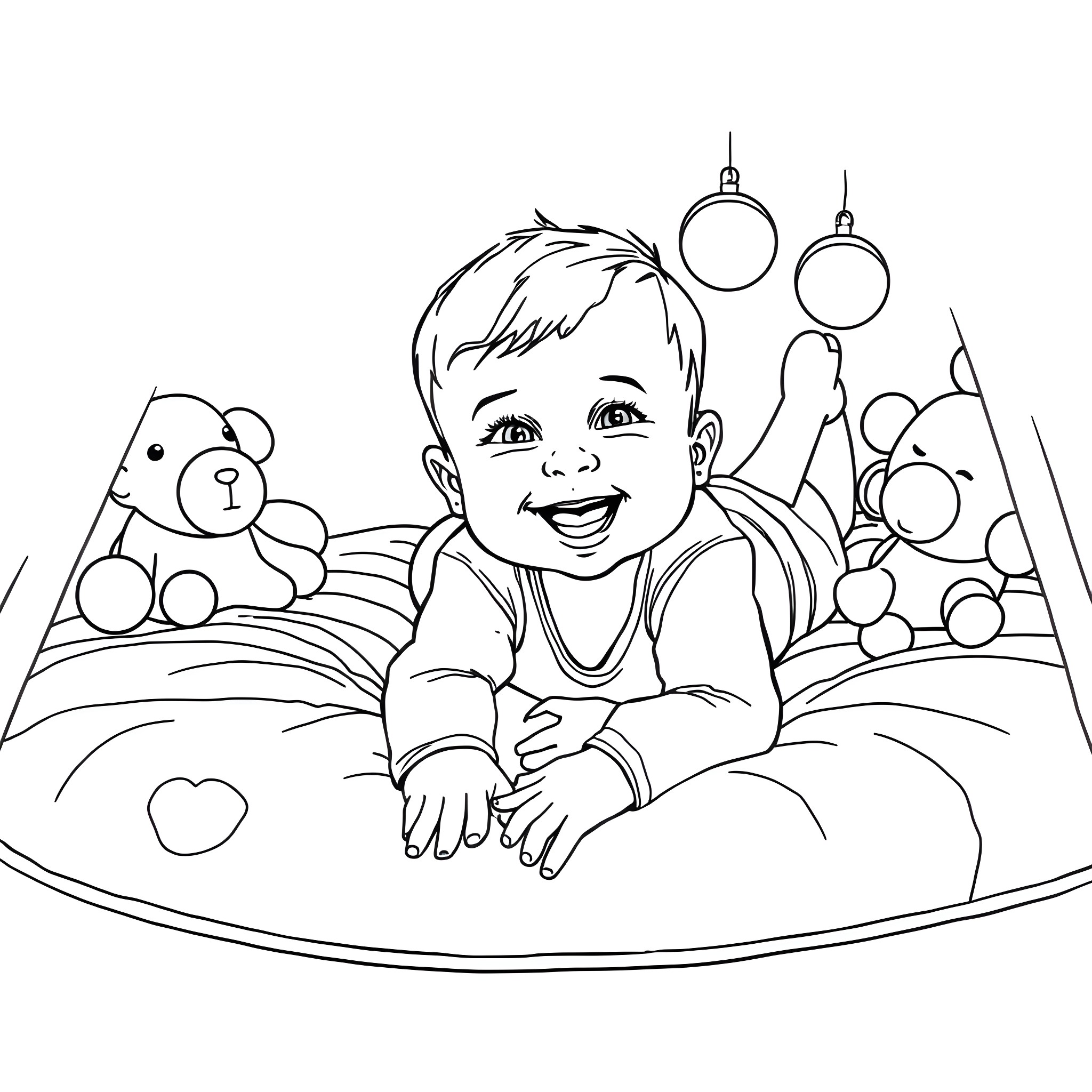 Baby Boy Enjoying Holiday Decorations Coloring Page (free black-and-white line drawing printable PDF for all, from beginners to advanced learners, including children, teens, adults, and seniors)