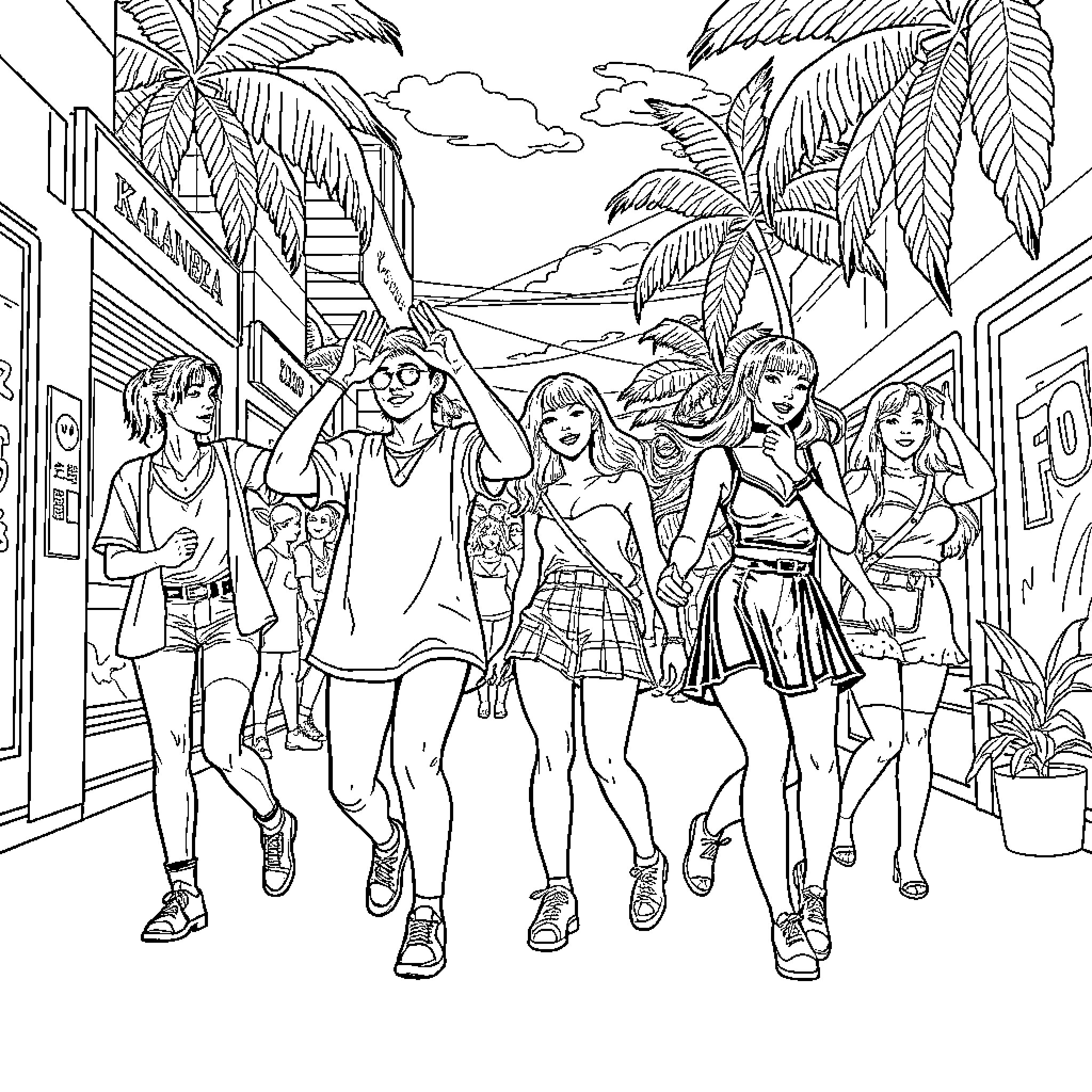 K Pop Characters Enjoying a Vibrant Street Scene Coloring Page (free black-and-white line drawing printable PDF for all, from beginners to advanced learners, including children, teens, adults, and seniors)