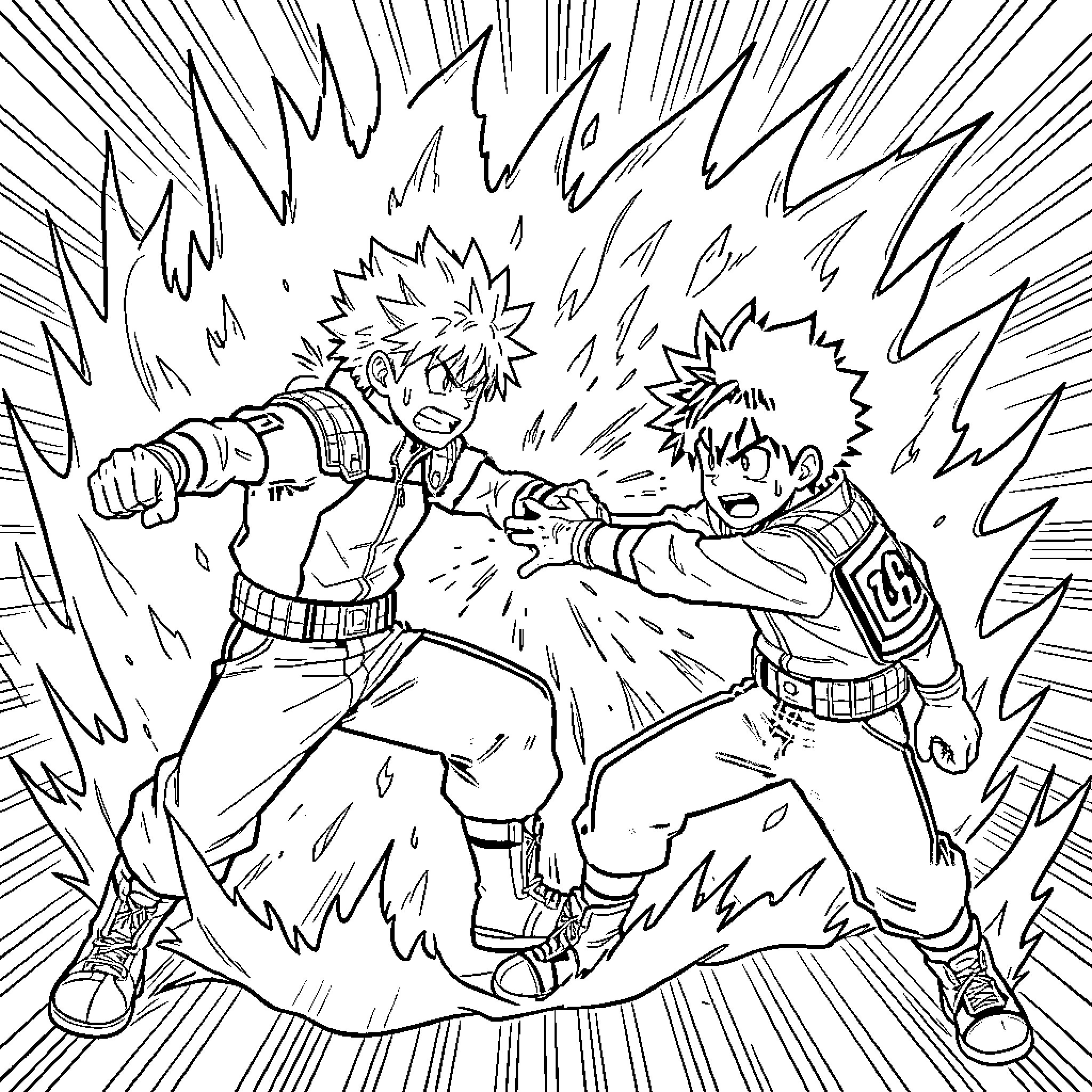Katsuki Bakugo engaging in intense combat Coloring Page (free black-and-white line drawing printable PDF for all, from beginners to advanced learners, including children, teens, adults, and seniors)