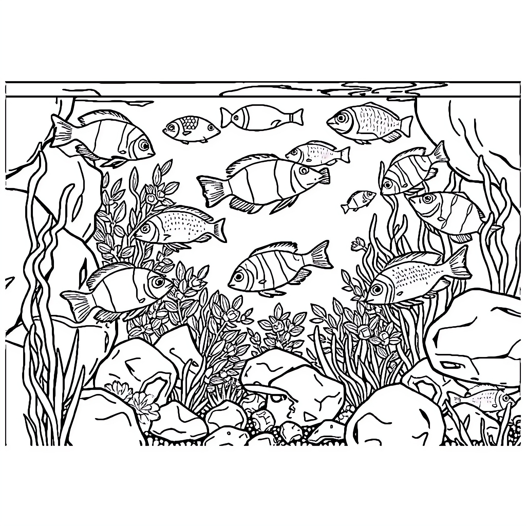 Aquarium with Vibrant Marine Life Coloring Page (free black-and-white line drawing printable PDF for all, from beginners to advanced learners, including children, teens, adults, and seniors)